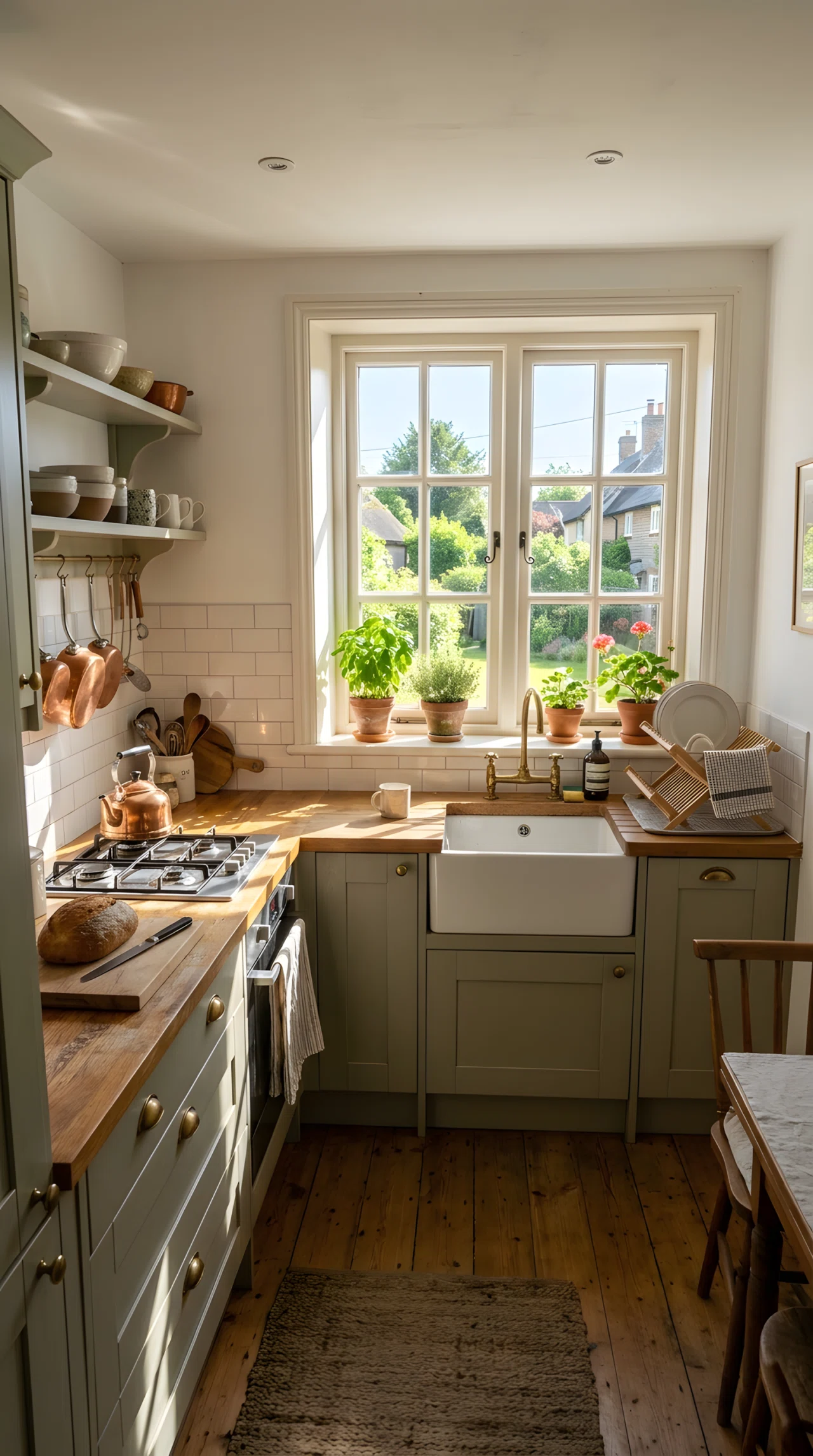 Wide-angle photograph of a small kitchen with a window positioned directly above the sink, morning sunlight streaming in and spreading across the countertop and sink area, dramatic wide angle emphasizing the direction of the light across the room, vibrant natural colors, realistic photography.