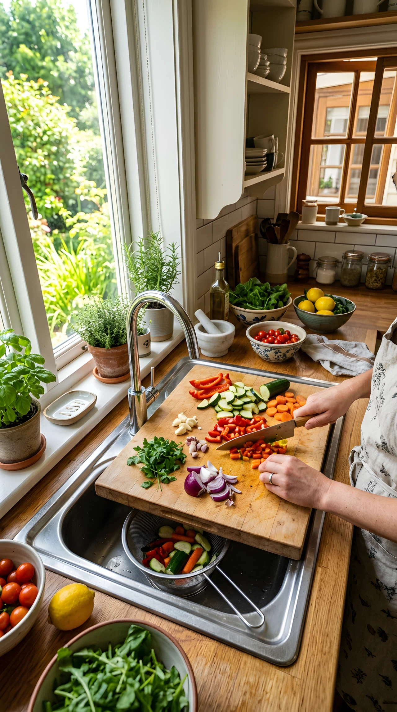 Wide-angle photograph of a small kitchen sink with a wooden cutting board placed across the top, fresh vegetables being chopped on the surface, bright natural daylight from a side window, dramatic wide camera angle capturing the sink and surrounding counter, vibrant realistic colors, professional stock photography.