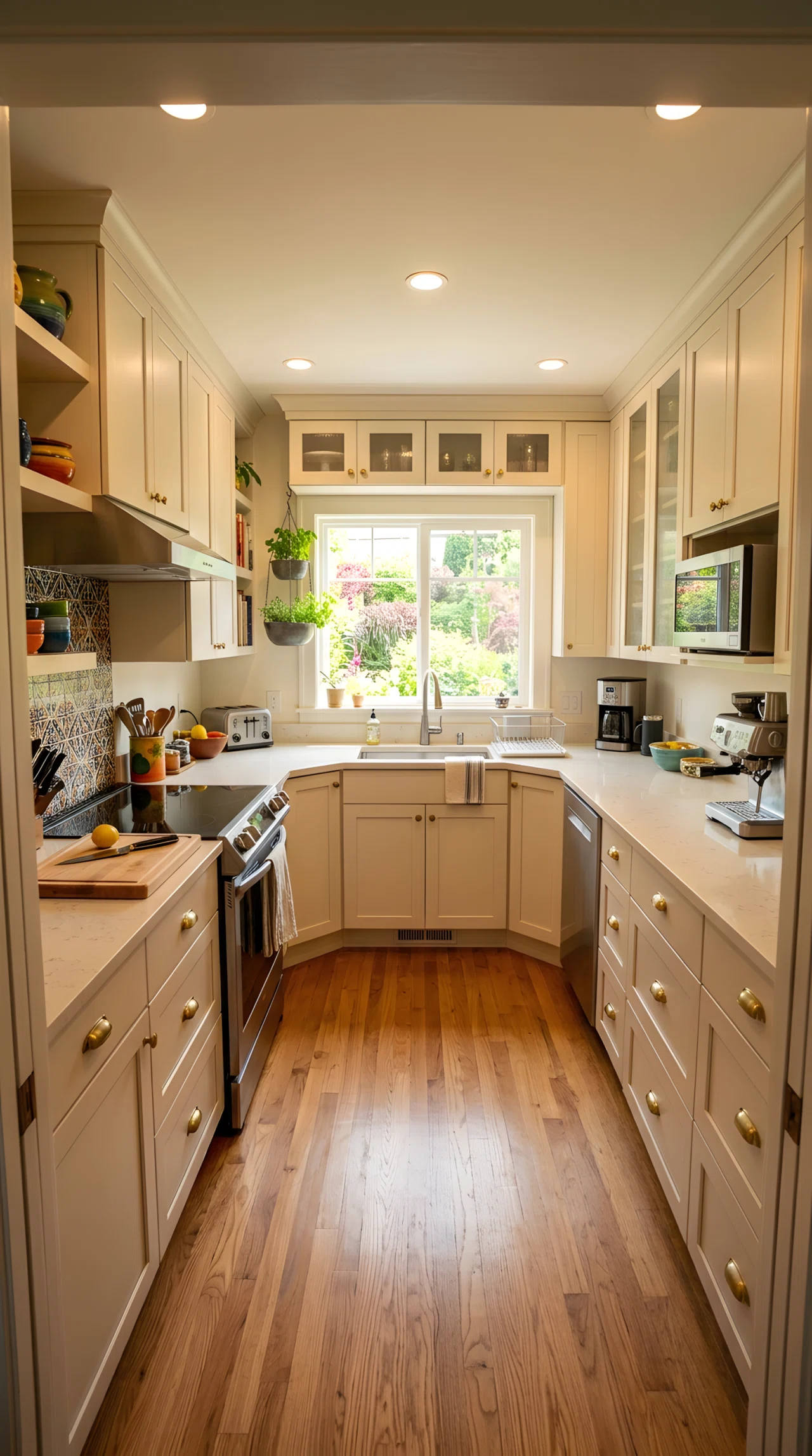 Wide-angle photograph of a small U-shaped kitchen wrapping around three walls, light cabinetry, continuous countertop, warm daylight from a window above the sink, dramatic wide camera angle capturing the full U shape from the entrance, vibrant realistic colors, professional photography.