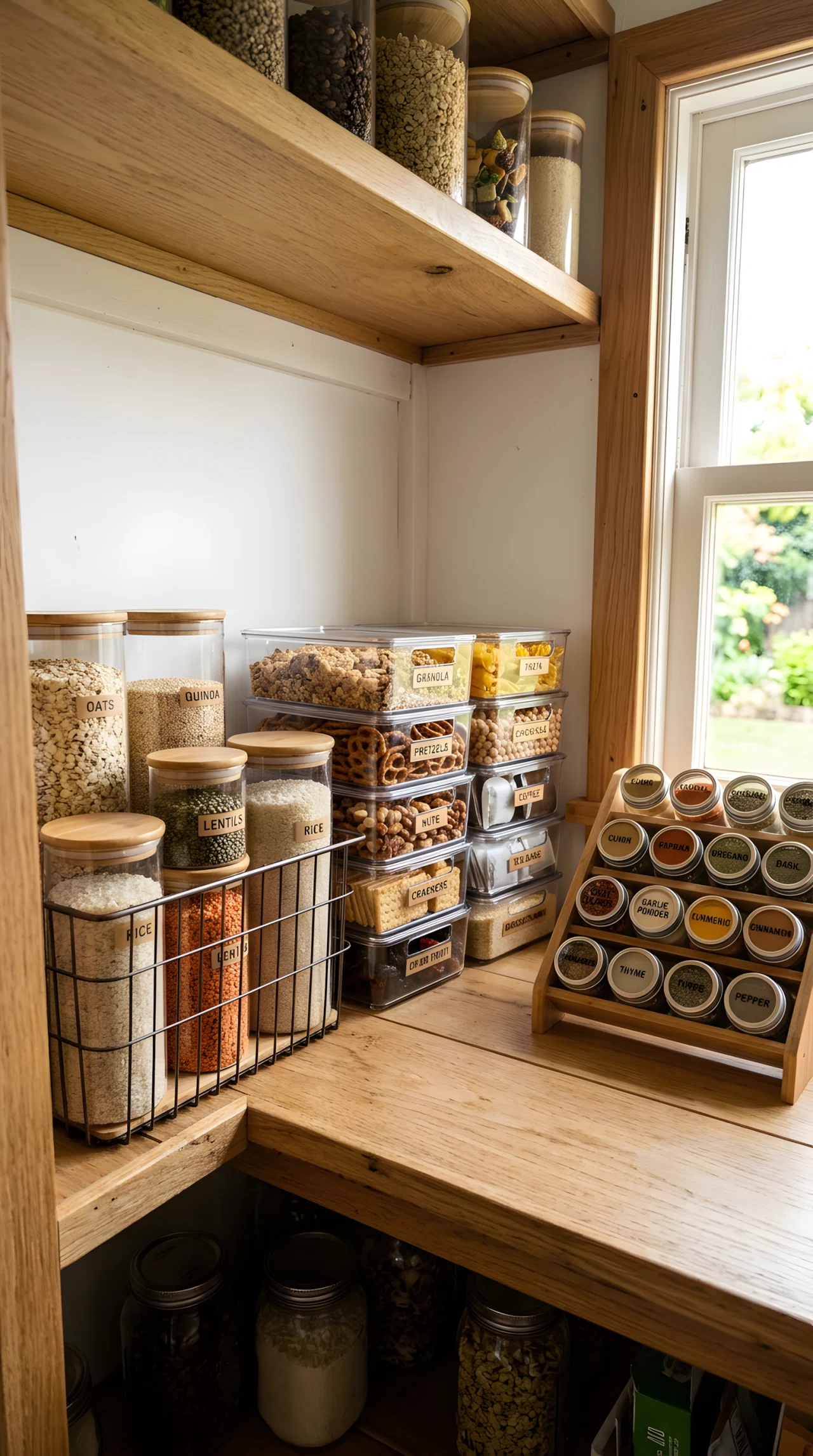Wide-angle photograph of a small pantry shelf filled with neatly organized modular baskets holding grains, snacks, and spice jars, labels visible, warm daylight from a nearby window, dramatic wide angle showing the full shelf, vibrant natural colors, realistic stock photography.