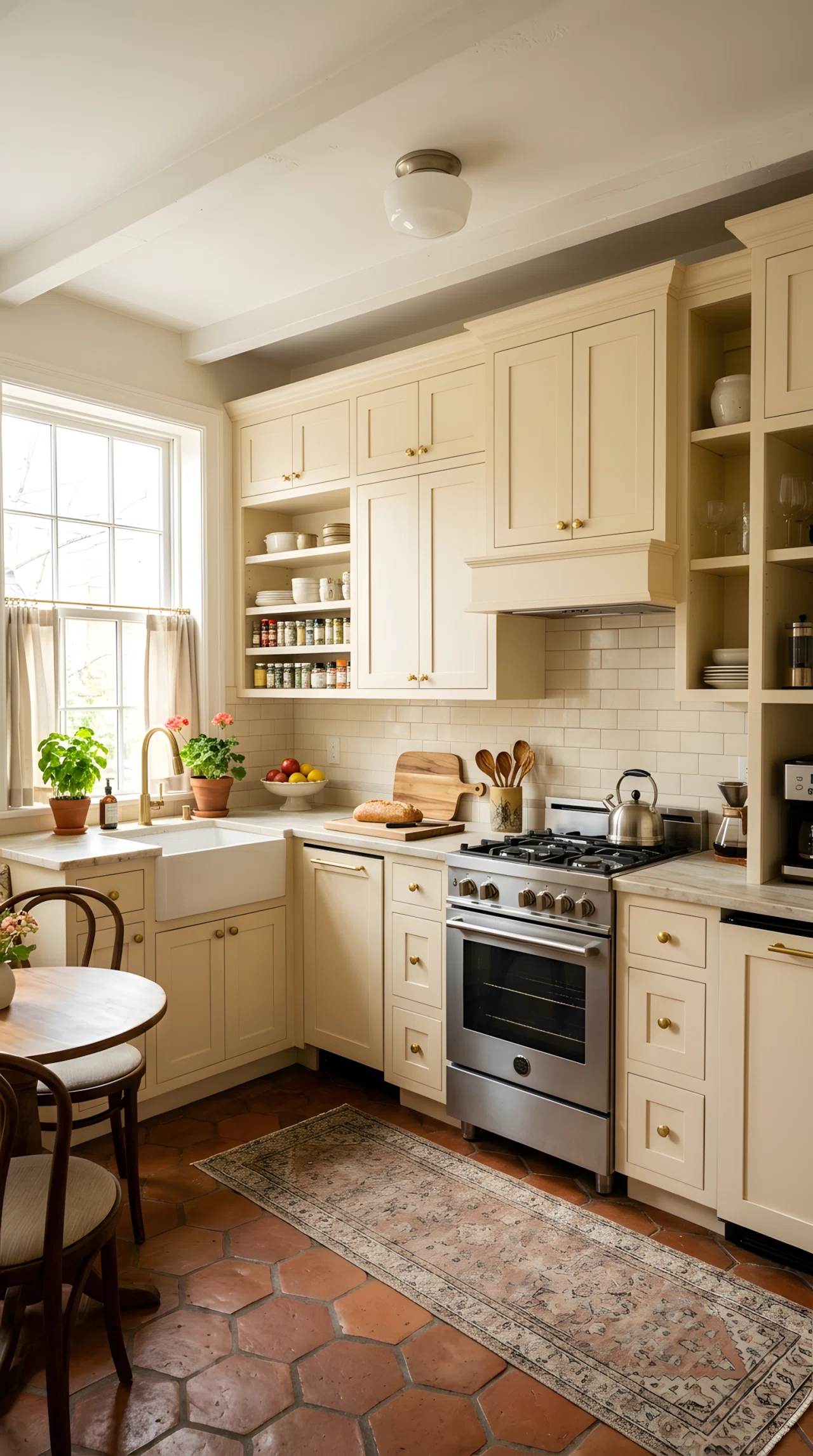 Wide-angle photograph of a small kitchen with warm cream cabinets (RGB 245, 235, 214), brushed brass hardware, light stone countertop, soft natural daylight filling the room, dramatic wide angle capturing the full cabinet wall, vibrant realistic colors, professional photography.