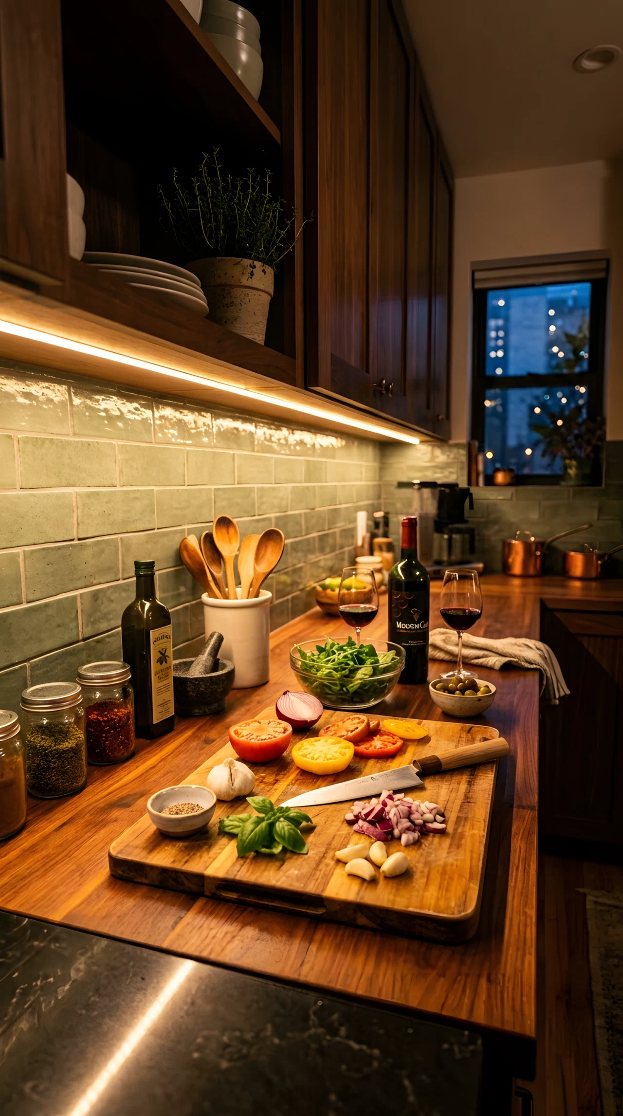 Wide-angle photograph of a small kitchen countertop lit by a warm under-cabinet light strip running along its full length, ingredients and a cutting board on the counter below, evening ambiance with the light as the main source, dramatic wide angle emphasizing the glow across the counter, vibrant colors, realistic photography.