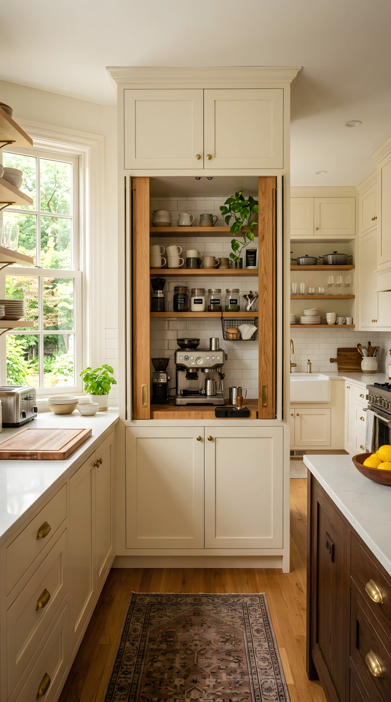 Wide-angle photograph of a small kitchen nook with pocket doors slid open revealing a coffee station with a machine, mugs, and jars neatly arranged inside, warm daylight from a nearby window, dramatic wide angle capturing the open nook and surrounding cabinetry, vibrant realistic colors, professional stock photography.