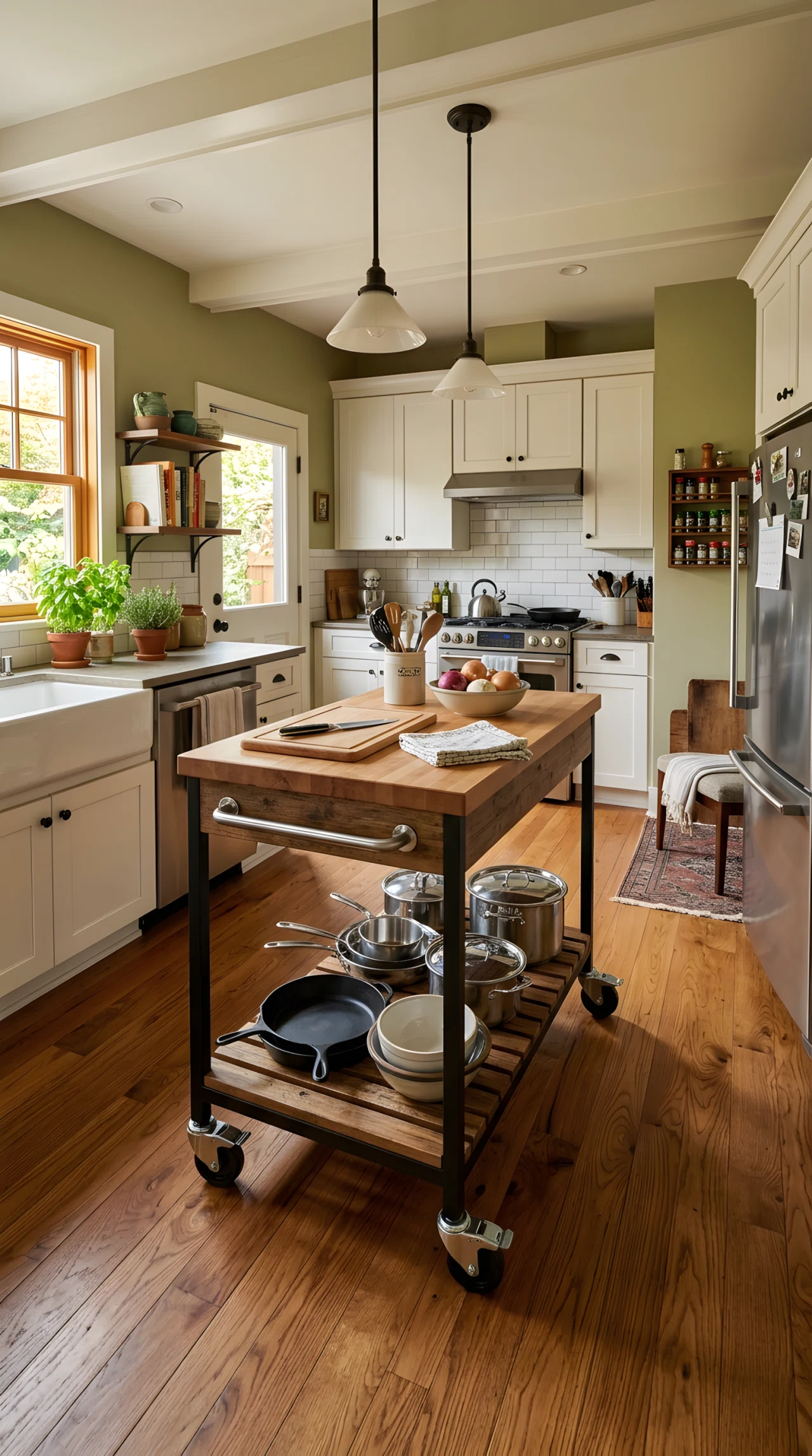 Wide-angle photograph of a small kitchen with a rolling island on locking caster wheels positioned in the center, a bottom shelf holding neatly stacked cookware, warm daylight from a side window, dramatic wide angle capturing the full room around the island, vibrant realistic colors, professional photography.