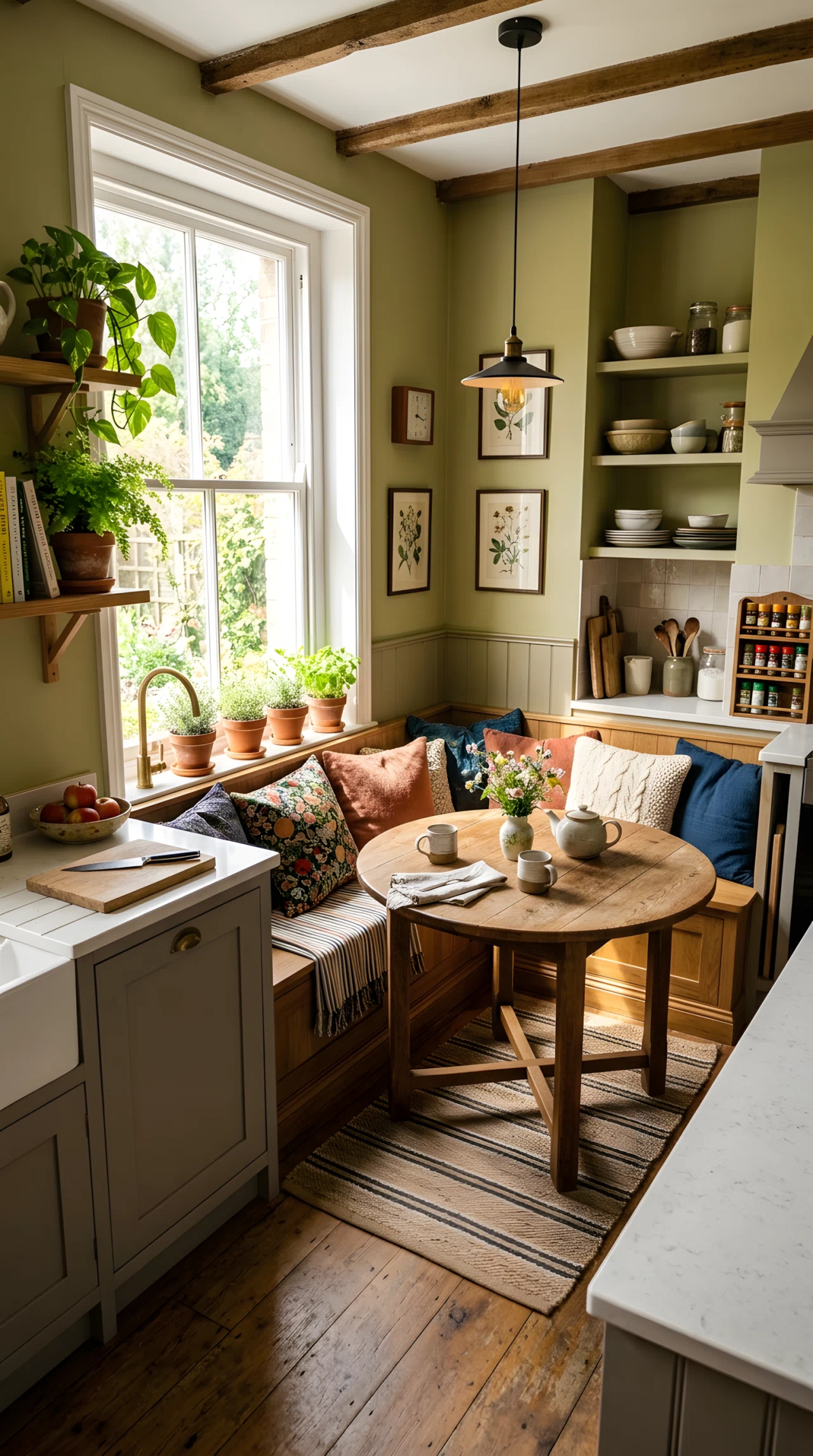 Wide-angle photograph of a small kitchen corner with a built-in bench, round wooden table, and soft cushions, warm daylight streaming across the seating area, dramatic wide angle capturing the full nook and surrounding kitchen, vibrant cozy colors, realistic photography.