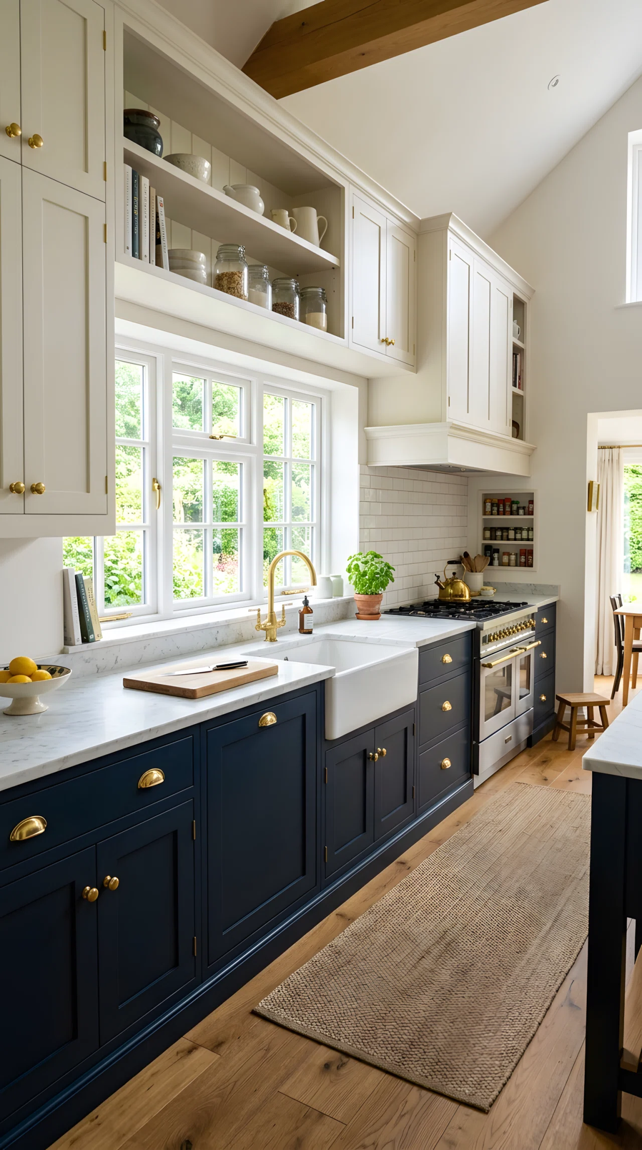Wide-angle photograph of a small kitchen with navy blue lower cabinets (RGB 30, 58, 95), brass hardware, white marble countertop, light upper cabinets, bright natural daylight, dramatic wide angle capturing the full contrast between upper and lower cabinetry, vibrant realistic colors, professional photography.