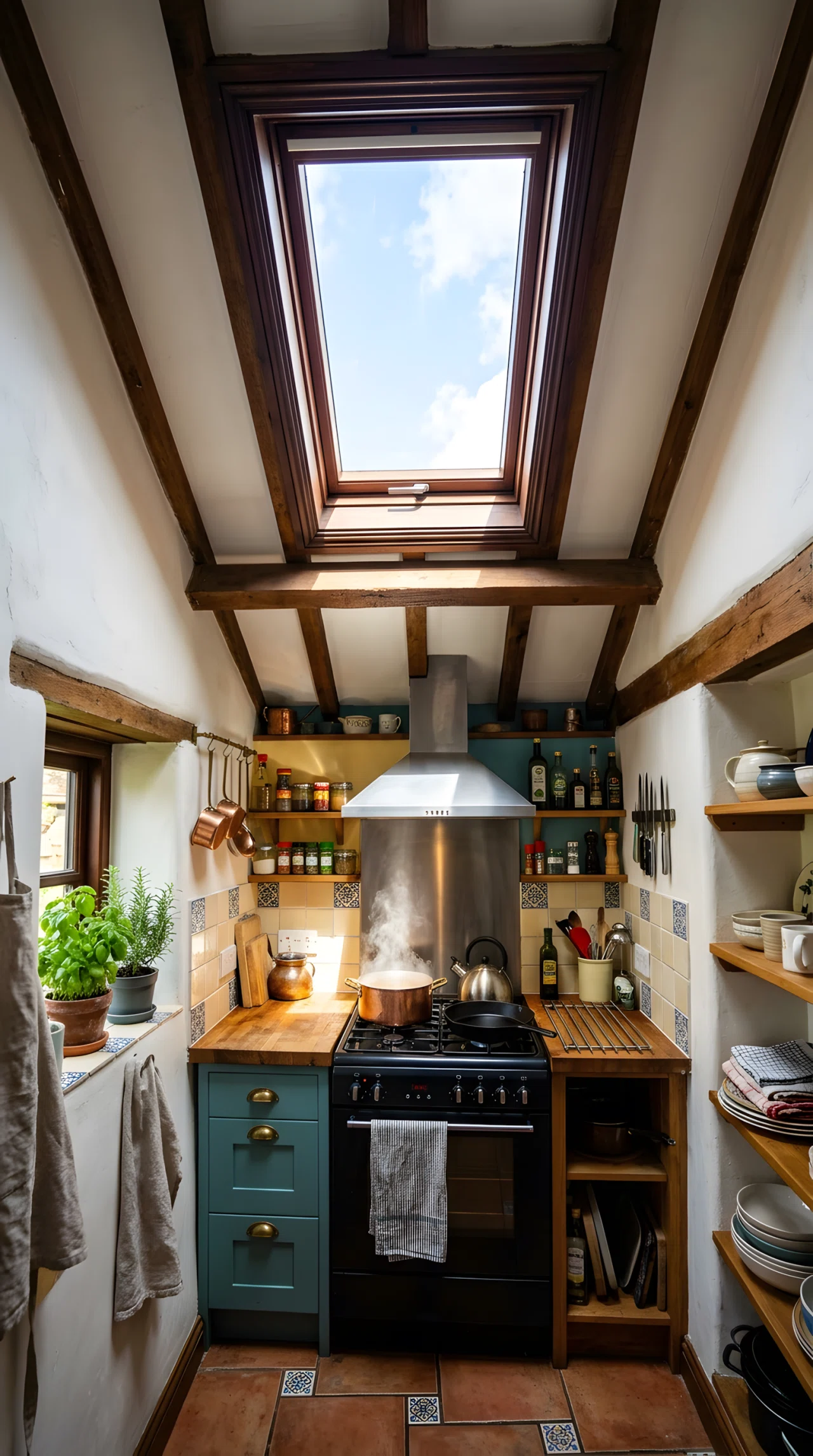 Wide-angle photograph of a small kitchen with a skylight positioned directly above the stove, bright natural light pouring straight down onto the cooking zone, dramatic upward wide angle capturing the skylight and the room below, vibrant realistic colors, professional photography.
