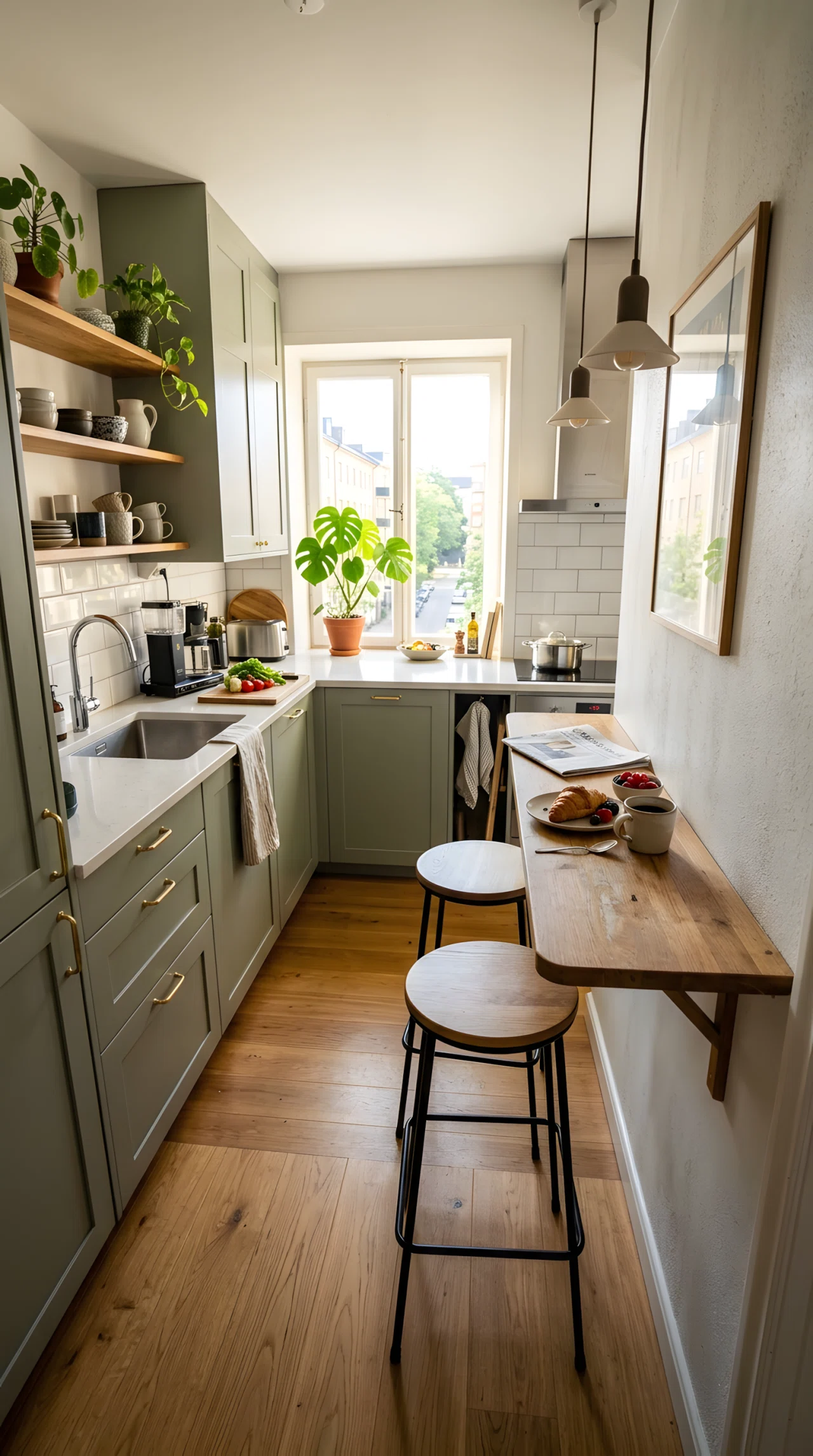 Wide-angle photograph of a small kitchen with a narrow breakfast bar built into a wall gap, two slim stools tucked underneath, morning light streaming across the bar surface, dramatic wide angle capturing the bar and adjoining kitchen, vibrant realistic colors, professional stock photography.