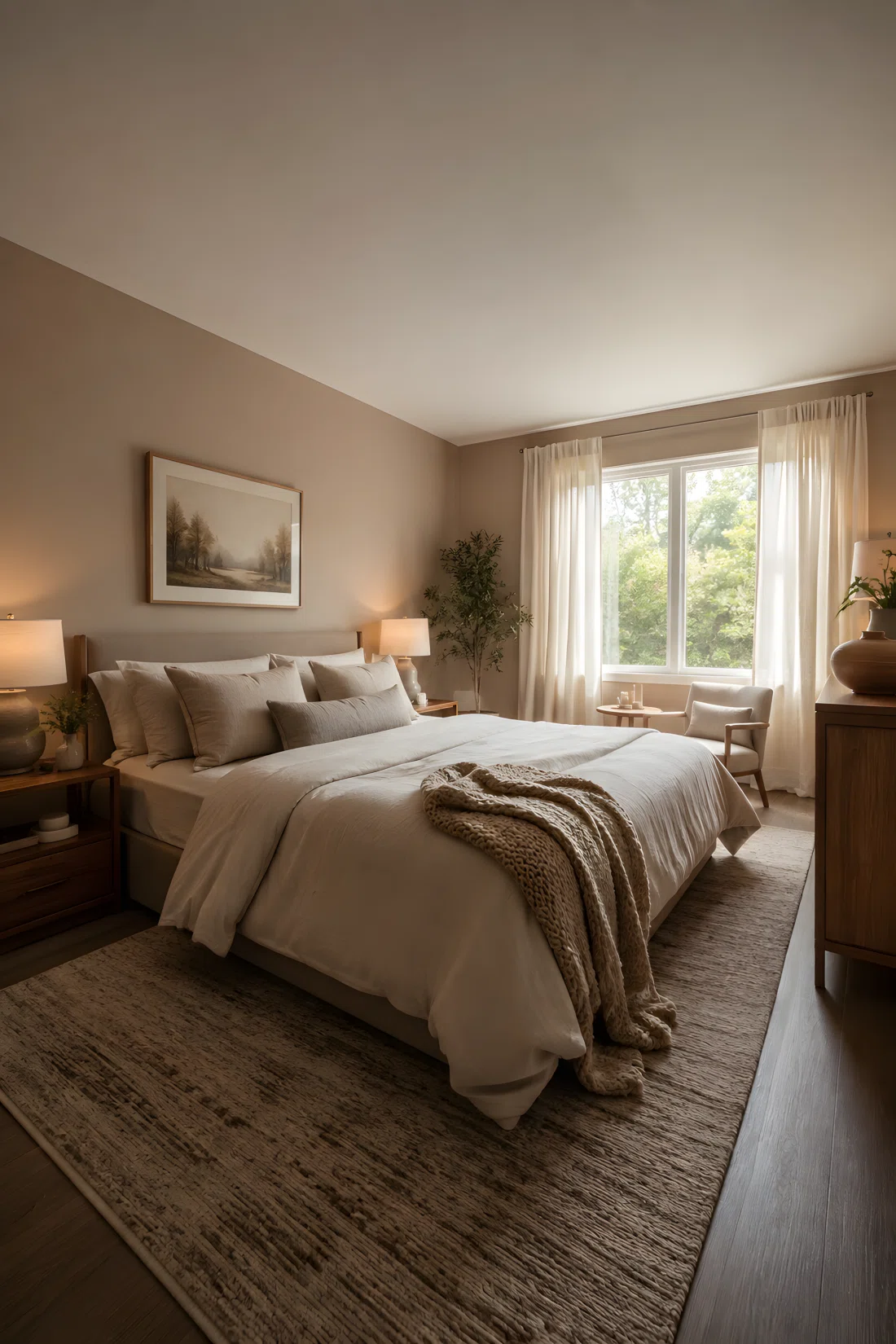 Wide-angle photograph of a real bedroom styled in warm neutral tones, taupe walls (RGB 181,166,150) and soft greige bedding (RGB 200,192,180), one textured wool throw draped on the bed, natural daylight, dramatic wide room perspective, vibrant true-to-life colors, photographic stock-photo style, no text.