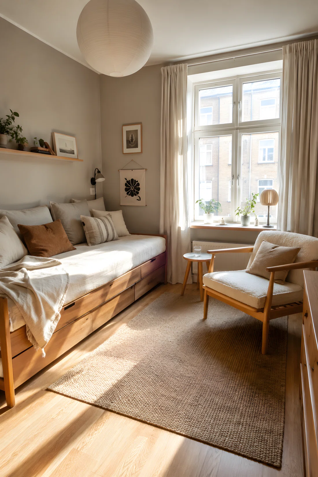 Wide-angle real bedroom photograph with a small daybed and single armchair positioned beside a large window, warm wood tones, linen cushions, neatly styled but lived-in Danish sensibility, bright natural daylight streaming across the floor, dramatic wide camera perspective, photographic stock style, vibrant natural colors.
