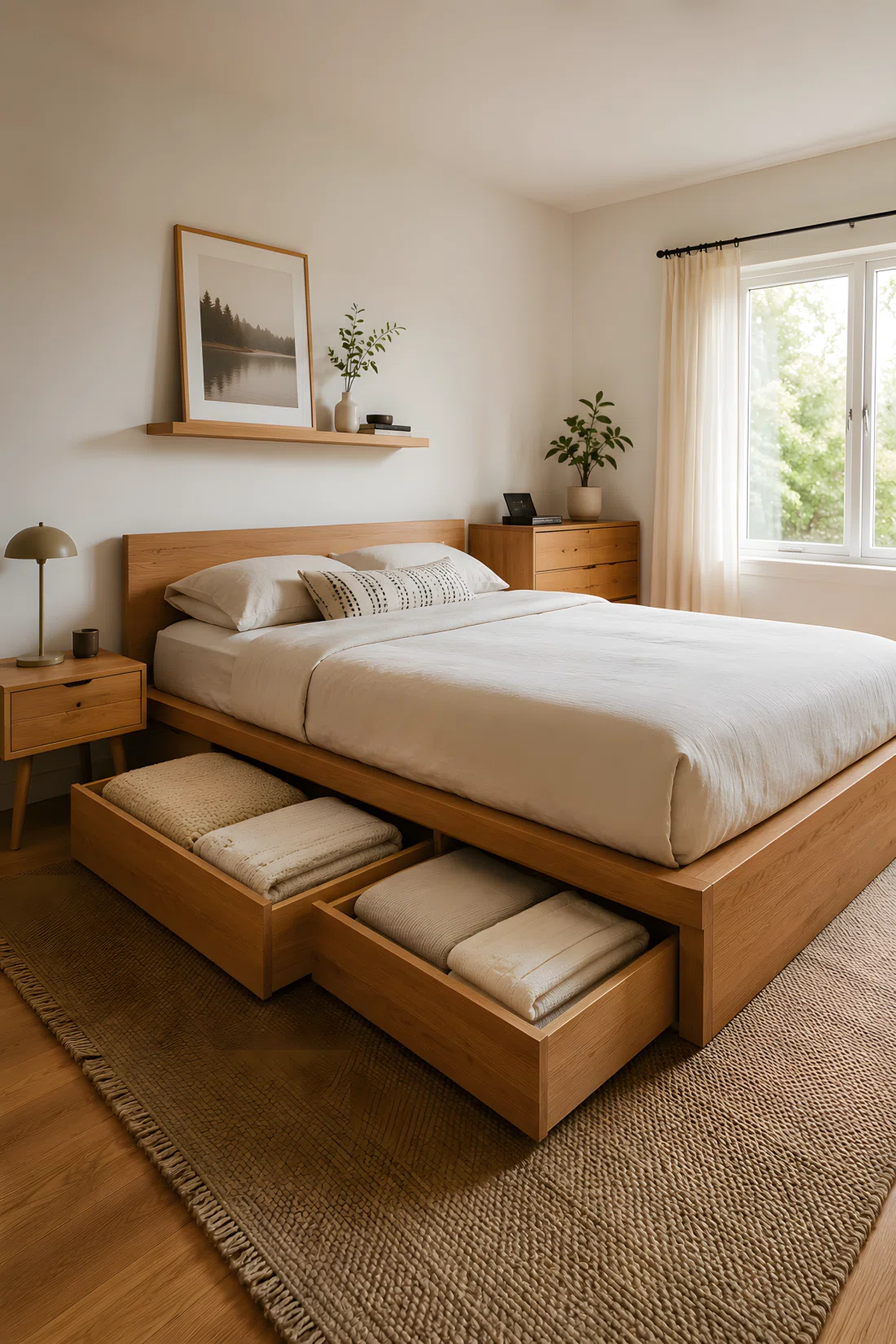 Wide-angle photograph of a real bedroom with a low wooden platform bed featuring built-in storage drawers pulled slightly open showing neatly folded linens, minimalist Scandinavian furniture, organized and clean styling, bright natural light from a side window, dramatic wide room angle, photographic stock-photo look, vibrant color.