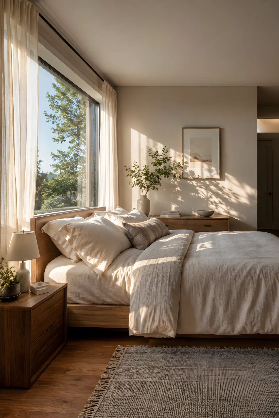Wide-angle real photograph of a bedroom with the bed positioned directly beside a large window, sheer linen curtains allowing soft morning light to wash sideways across the room from the left side, neatly arranged bedding, warm wood floor, natural bright daylight emphasizing the light's low horizontal angle, dramatic wide camera perspective, photographic stock-photo style, vibrant natural tones.