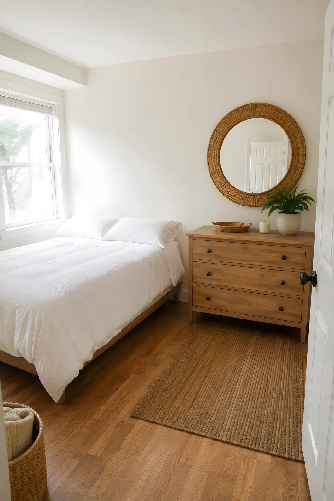 Wide-angle real photograph of a small minimalist bedroom with a plain white bedspread and one secondhand rattan mirror hung above a simple dresser, natural woven texture, clean and organized styling, bright natural daylight, dramatic wide room angle, photographic stock-photo look, vibrant warm tones.