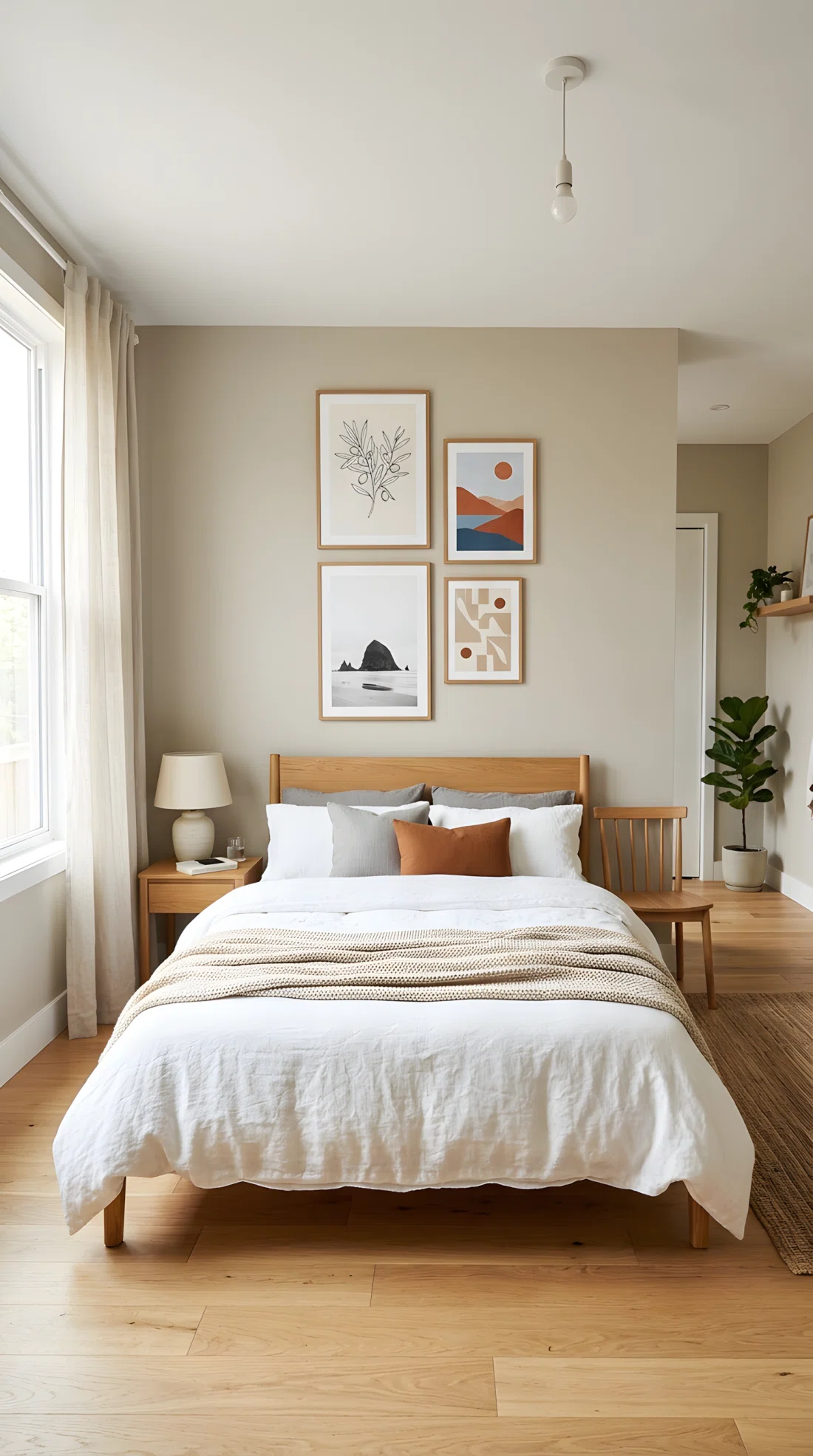 Wide-angle real photograph of a bedroom wall above a bed featuring a minimal gallery wall of four mismatched thin oak-framed art prints arranged slightly off-center, neutral wall color, clean styling, bright natural light, dramatic wide room perspective, photographic stock-photo style, vibrant natural tones.