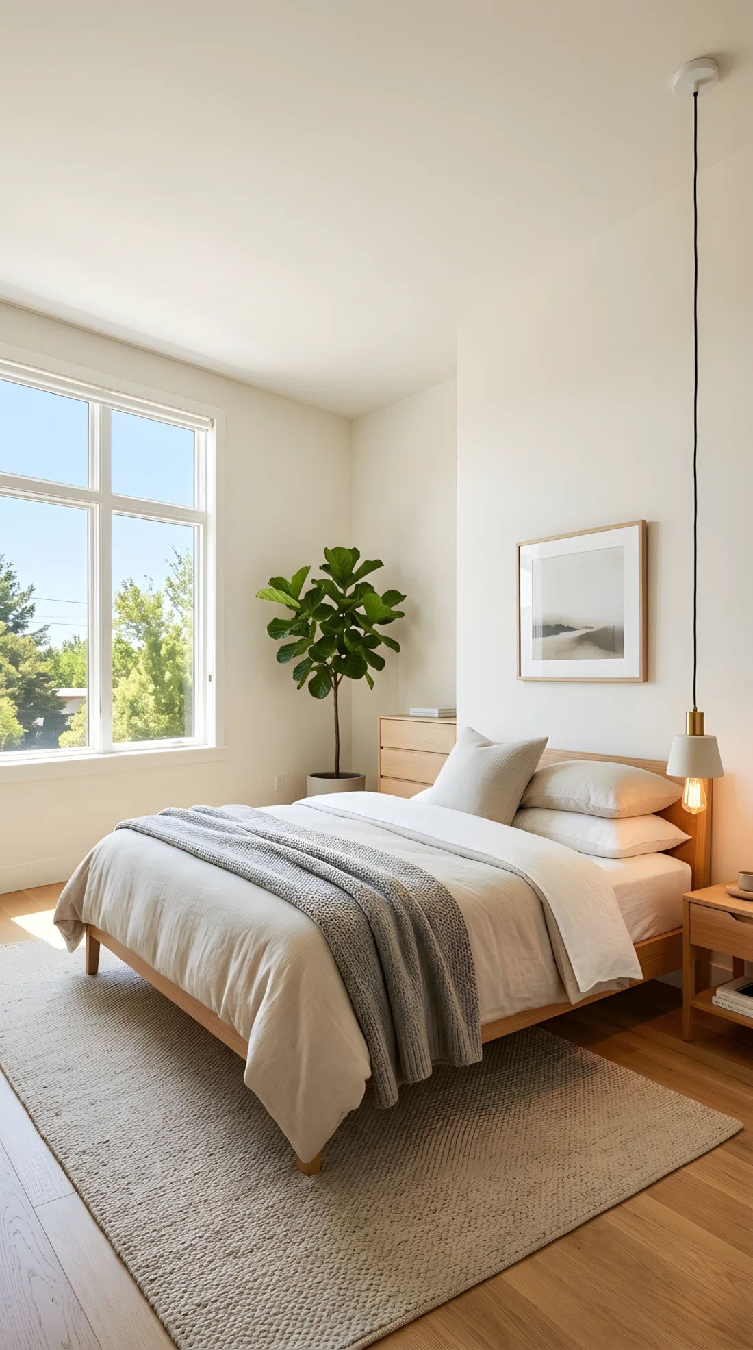 Wide-angle real photograph of a bedroom with a single pendant lamp hanging low directly beside the bed at nightstand height, visible cord running to the ceiling, warm minimal styling, position of the light emphasized above the sleeping area, bright natural daylight from a side window, dramatic wide room angle, photographic stock-photo style, vibrant tones.