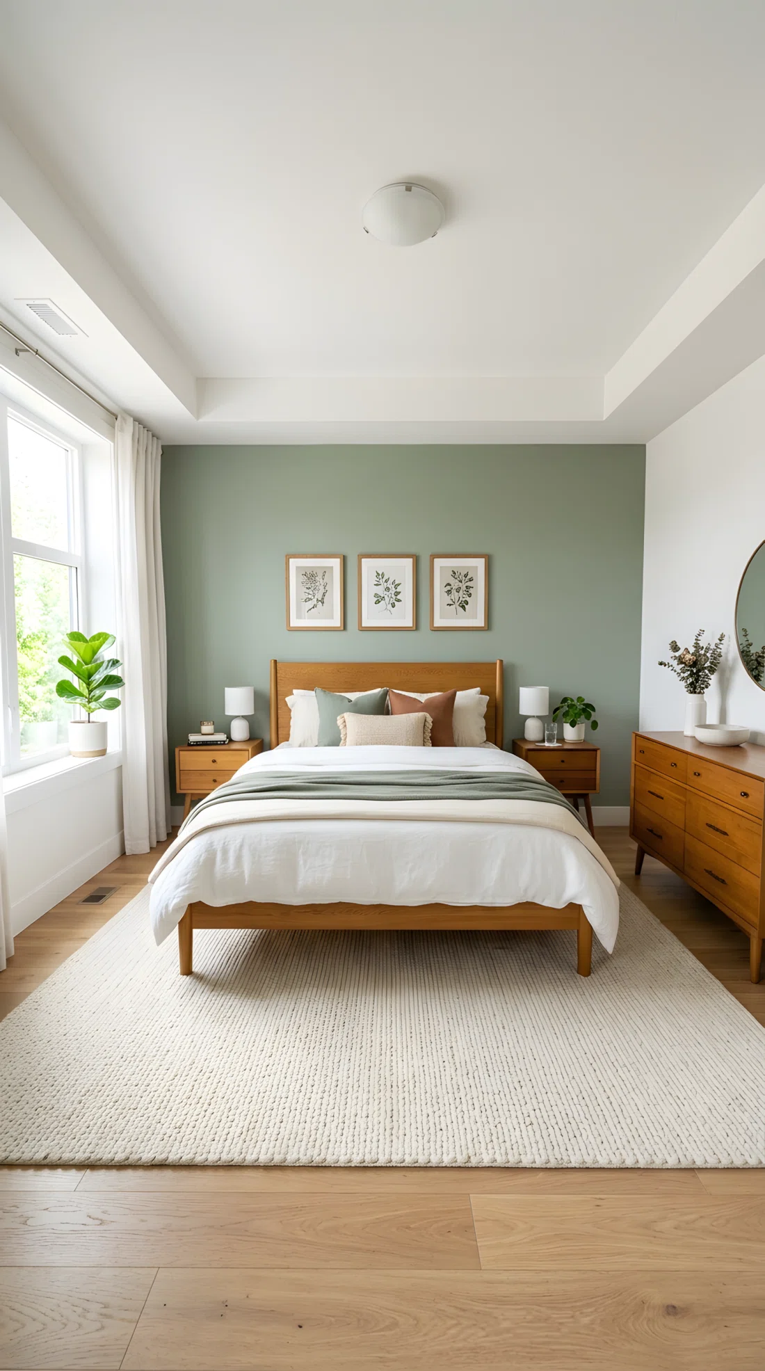Wide-angle real photograph of a bedroom with one accent wall painted muted sage green (RGB 156,175,151) behind the headboard, remaining walls plain white (RGB 245,243,238), warm wood furniture, cream rug, clean organized styling, bright natural light, dramatic wide room perspective, photographic stock-photo style, vibrant natural colors.