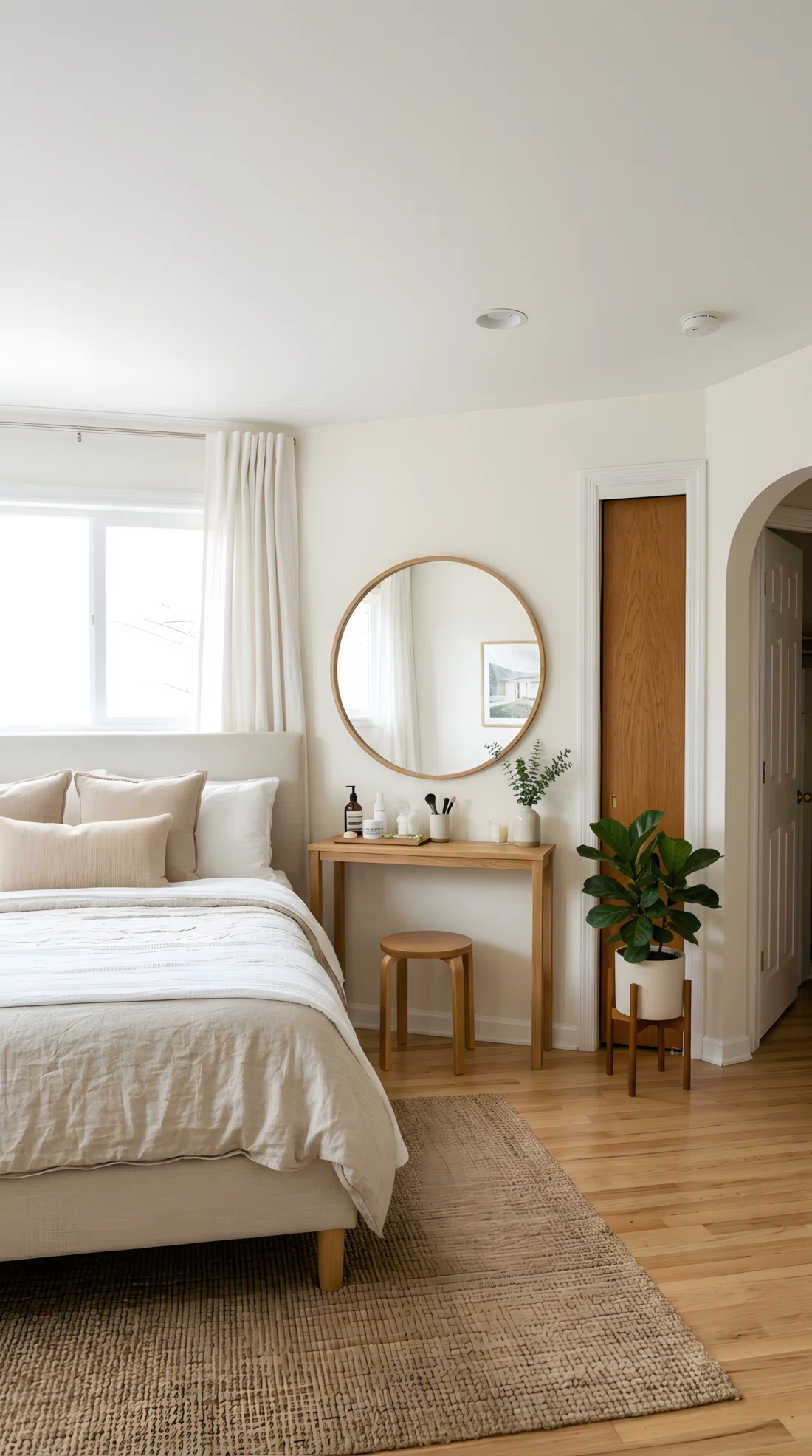 Wide-angle real photograph of a bedroom corner with a narrow console table, round mirror, and small wooden stool tucked underneath, minimal skincare items neatly arranged, clean organized styling, bright natural daylight, dramatic wide room angle, photographic stock-photo style, vibrant natural tones.