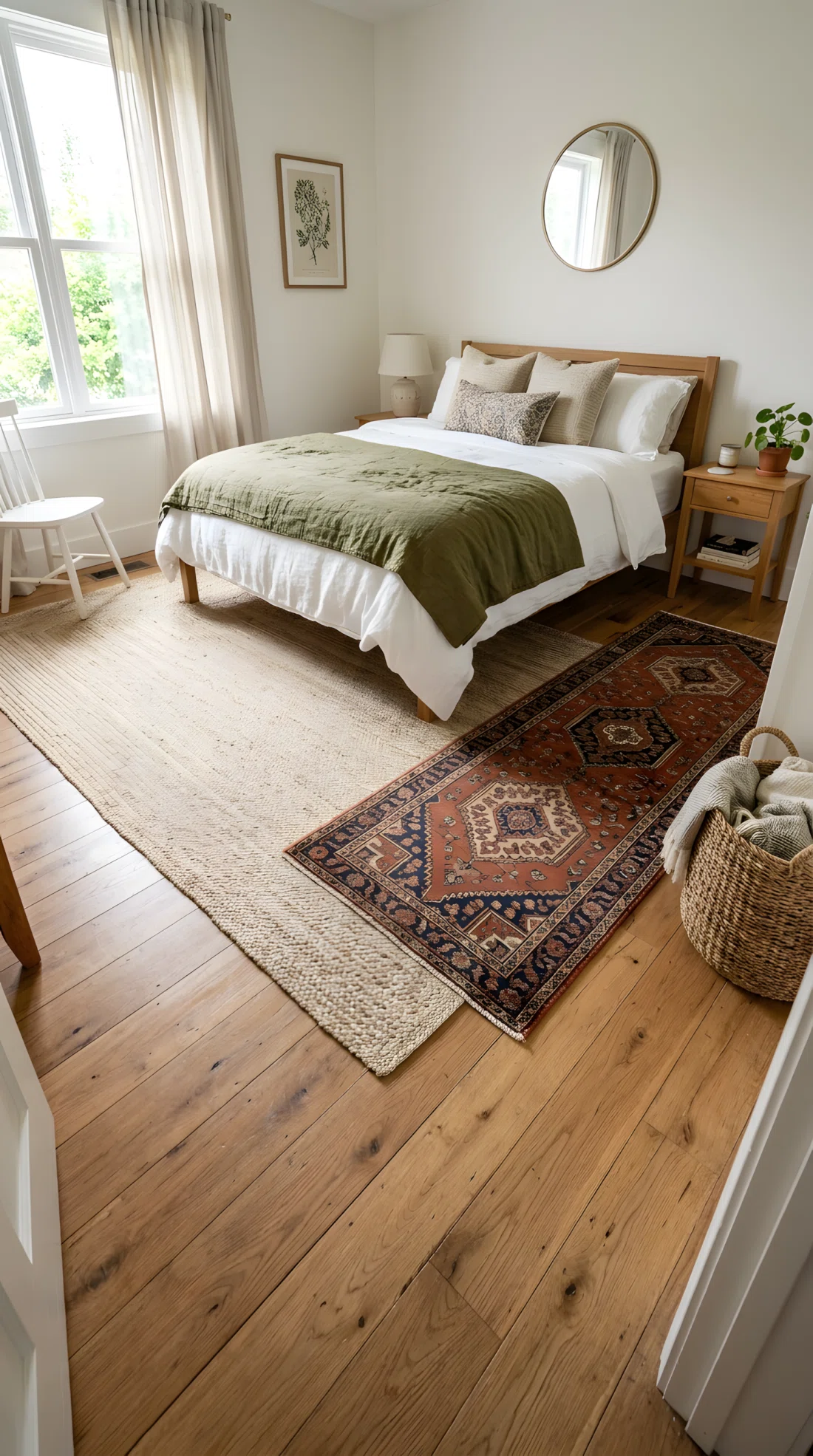 Wide-angle real photograph of a bedroom floor with a large neutral jute rug layered under a smaller patterned vintage-style runner near the foot of the bed, warm wood flooring, clean organized styling, bright natural daylight, dramatic wide room angle, photographic stock-photo style, vibrant natural tones.