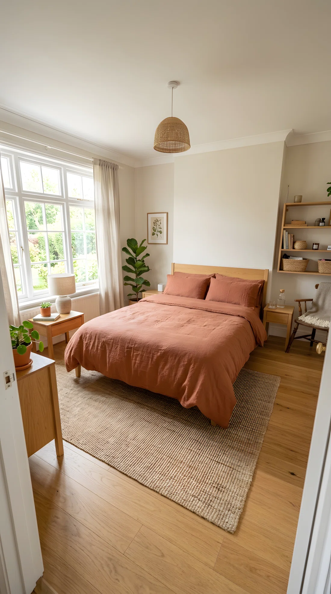 Wide-angle real photograph of a bedroom with a low wide upholstered boucle headboard in warm oatmeal tone, neatly made bed, minimal neutral styling, bright natural daylight from the side, dramatic wide room perspective, photographic stock-photo style, vibrant natural tones.