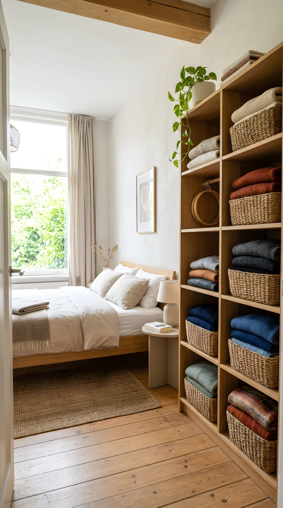 Wide-angle real photograph of a bedroom with a bed dressed in raw linen bedding in muted terracotta (RGB 176,101,72), slightly relaxed wrinkled texture, neutral surrounding walls, bright natural daylight, dramatic wide room perspective, photographic stock-photo style, vibrant natural tones.