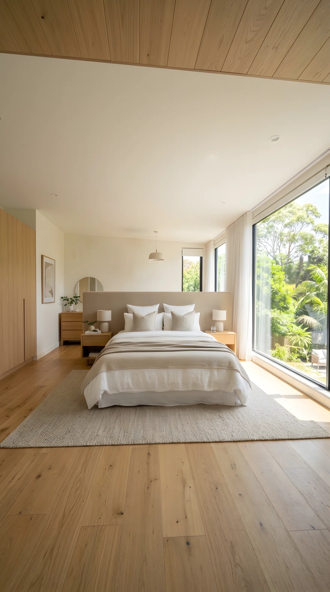 Wide-angle real photograph of a bedroom with a slim upholstered bench positioned directly under a window, neutral fabric, folded throw on top, clean organized styling, bright natural daylight streaming through the window, dramatic wide room angle, photographic stock-photo style, vibrant natural tones.