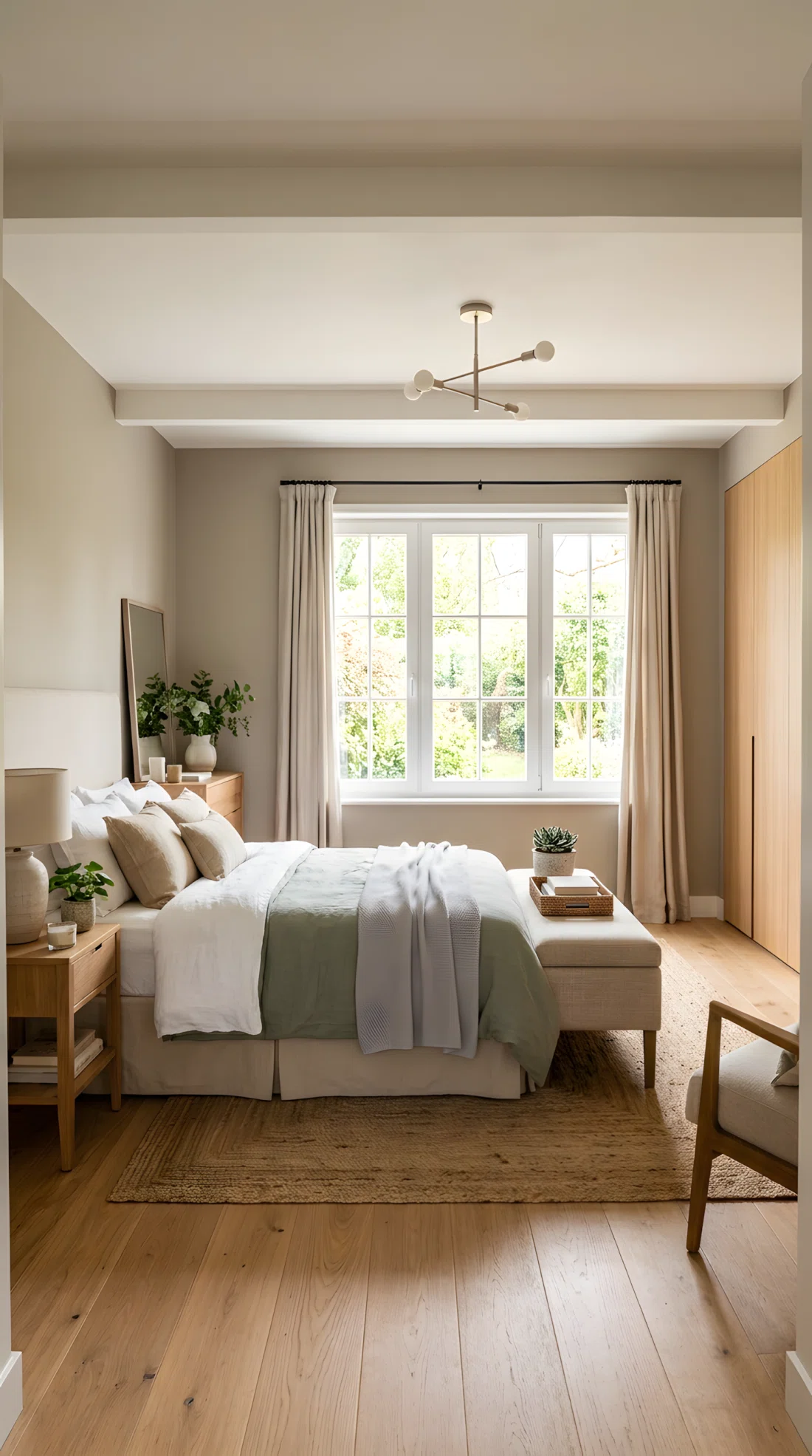 Wide-angle real photograph of a bedroom with an open wooden wardrobe shelf styled with woven basket dividers holding neatly folded knitwear grouped by color, minimalist styling, bright natural daylight, dramatic wide room perspective, photographic stock-photo style, vibrant natural tones.