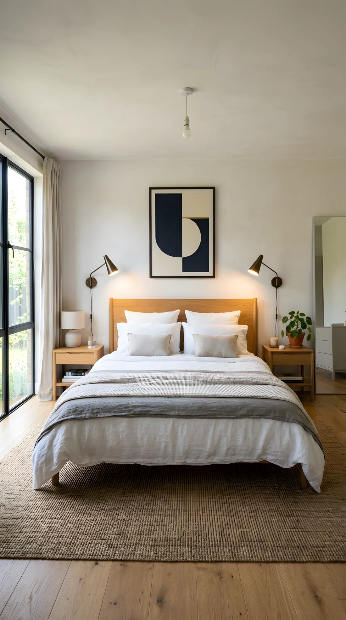 Wide-angle real photograph of a bedroom with two matching wall sconces mounted on either side of the headboard, both angled downward so light pools onto the pillows, symmetrical minimal styling, position of light emphasized, bright natural daylight mixed with warm sconce glow, dramatic wide room perspective, photographic stock-photo style, vibrant tones.