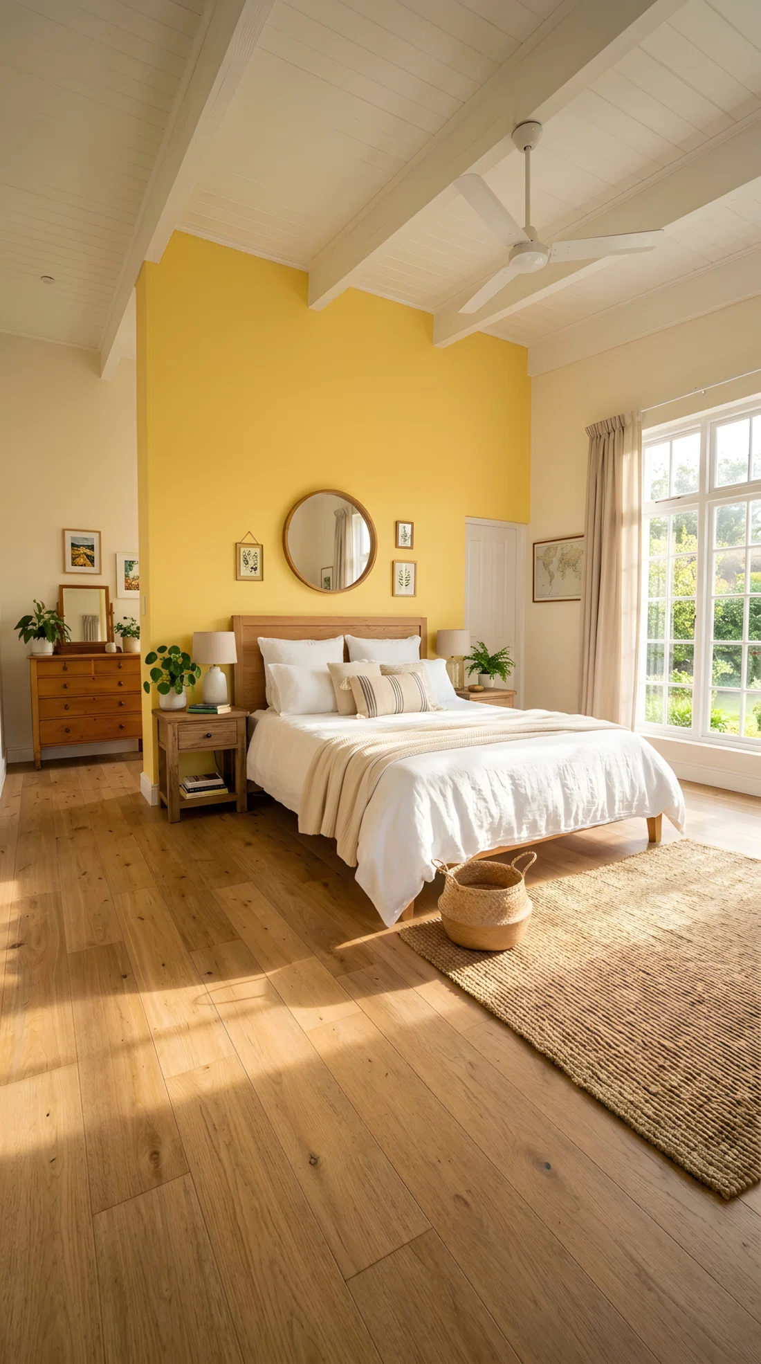 Wide angle photography of a bedroom with one butter yellow accent wall (RGB 245, 222, 179) behind an oak headboard, white linen bedding, morning sunlight streaming across the floor, dramatic low camera angle capturing the full room, vibrant realistic color, stock photo style, no illustration.