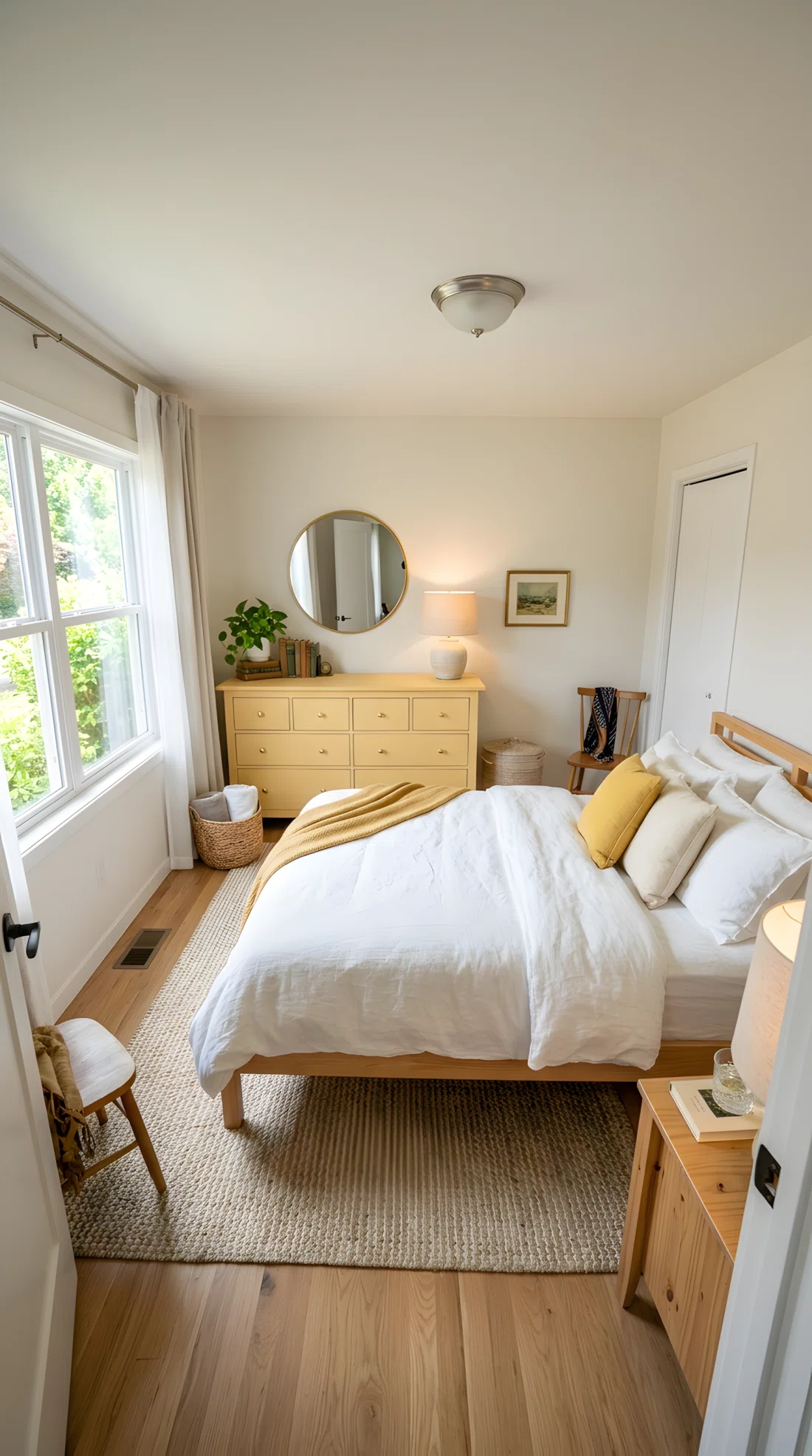 Wide angle photography of a bedroom with a butter yellow painted wooden dresser (RGB 245, 222, 179) with brass knobs, neutral walls, white bedding, natural light from a nearby window, dramatic wide camera angle showing the full room and furniture, vibrant realistic color, stock photo style.