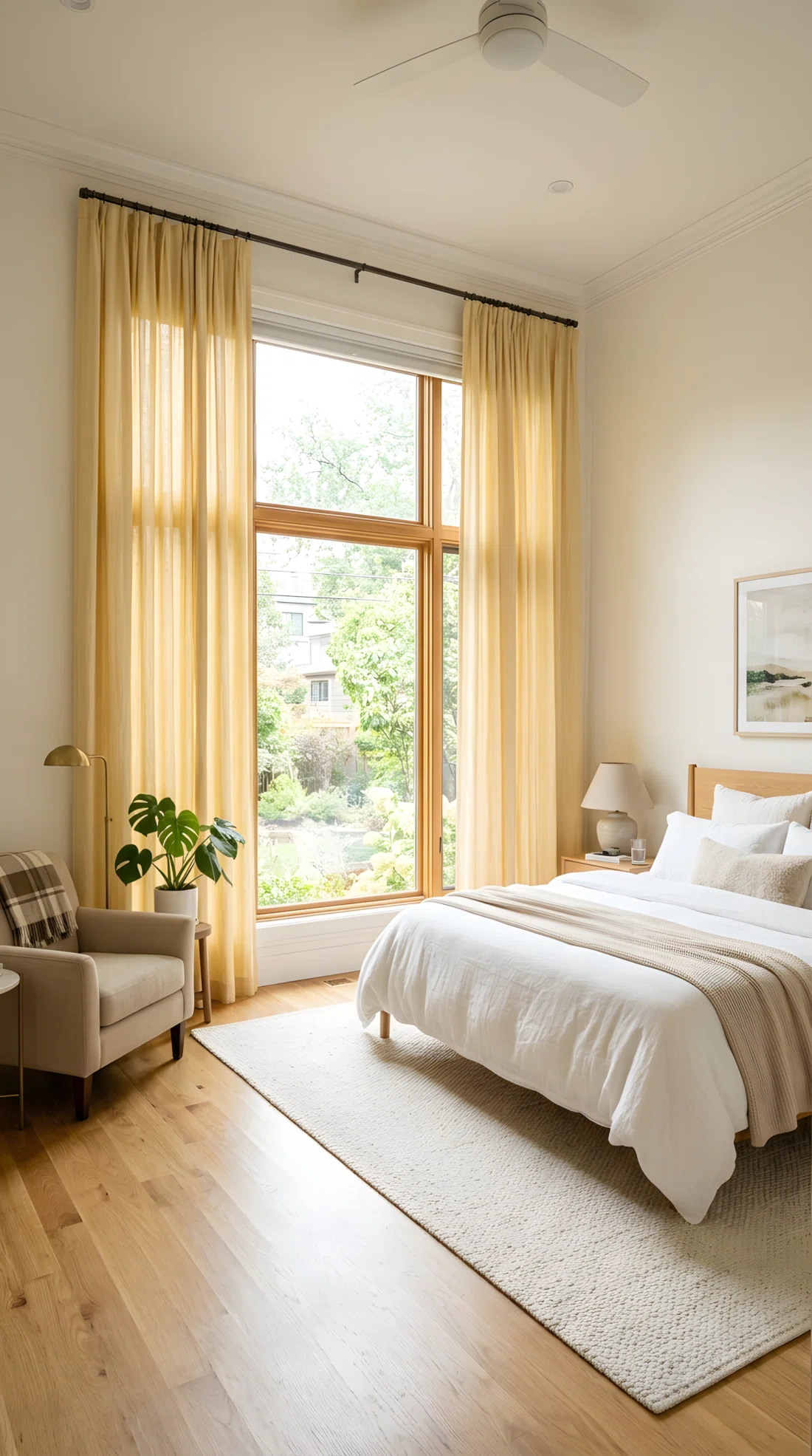 Wide angle photography of a bedroom with floor-length butter yellow linen curtains (RGB 245, 222, 179) framing a large window, soft diffused natural light filtering through the fabric, white bedding, dramatic wide camera angle showing the full window and room, vibrant realistic color, stock photo style.