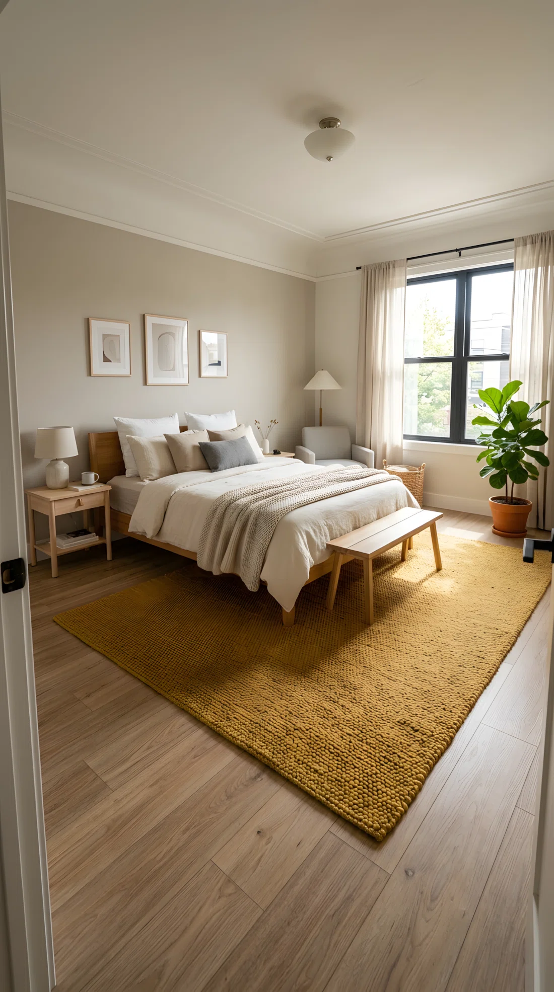 Wide angle photography of a bedroom with a mustard yellow textured area rug (RGB 191, 143, 46) on light wood flooring, neutral bedding, minimal furniture, natural window light casting soft shadows on the rug, dramatic wide camera angle showing full room and floor, vibrant realistic color, stock photo style.