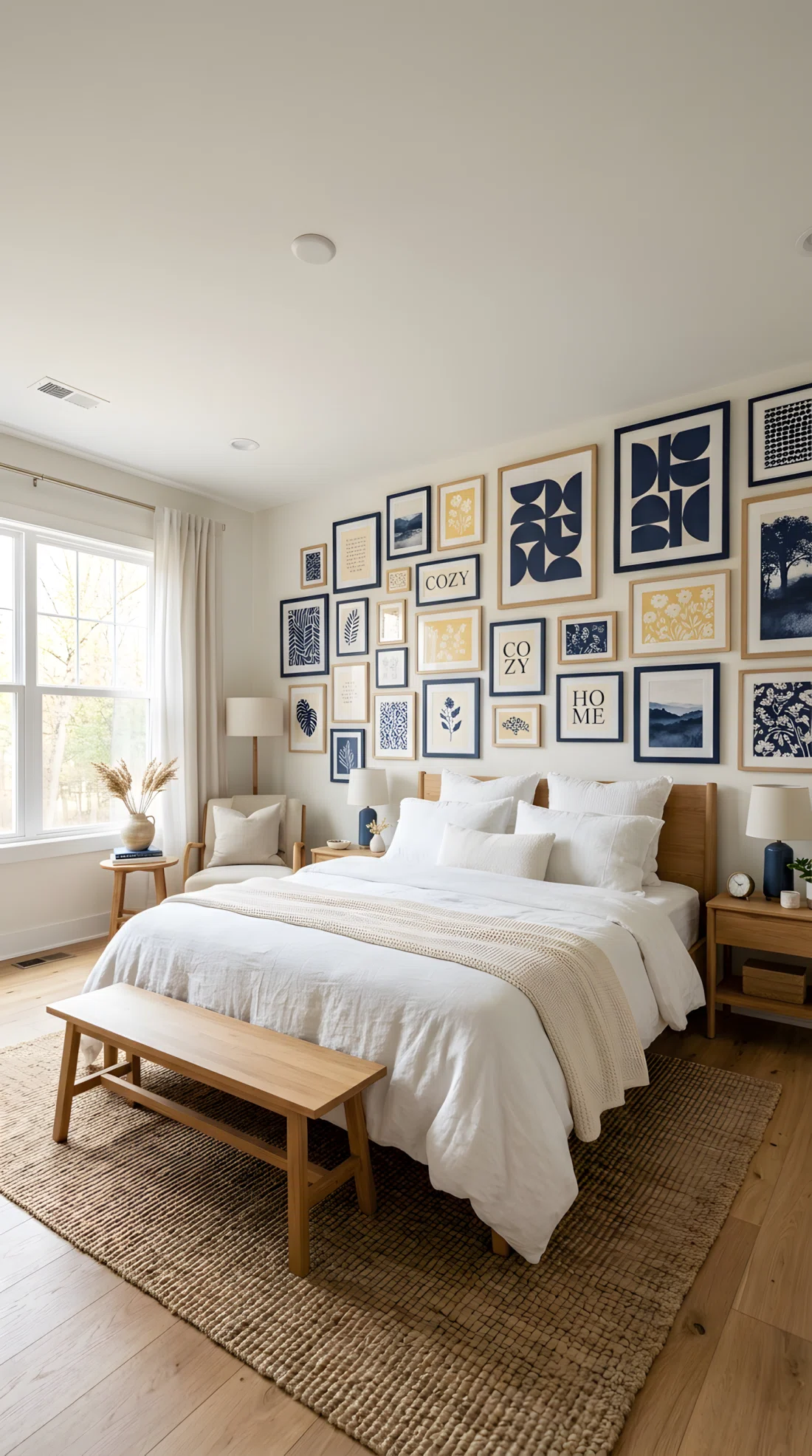 Wide angle photography of a bedroom with a gallery wall above the bed featuring navy blue framed art (RGB 28, 42, 71) mixed with butter yellow toned prints (RGB 245, 222, 179), white bedding below, natural light from the side, dramatic wide camera angle showing the full gallery wall and room, vibrant realistic color, stock photo style.