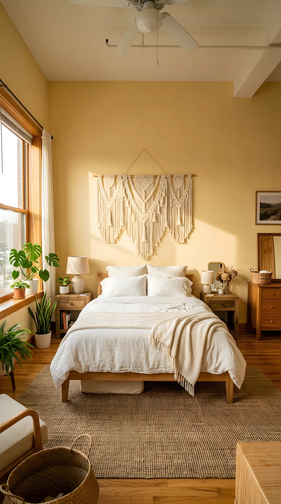 Wide angle photography of a bedroom with a large cream macrame wall hanging centered above the bed against a butter yellow wall (RGB 245, 222, 179), natural fiber texture catching afternoon light and casting soft shadows, white bedding, dramatic wide camera angle showing full room, vibrant realistic color, stock photo style.