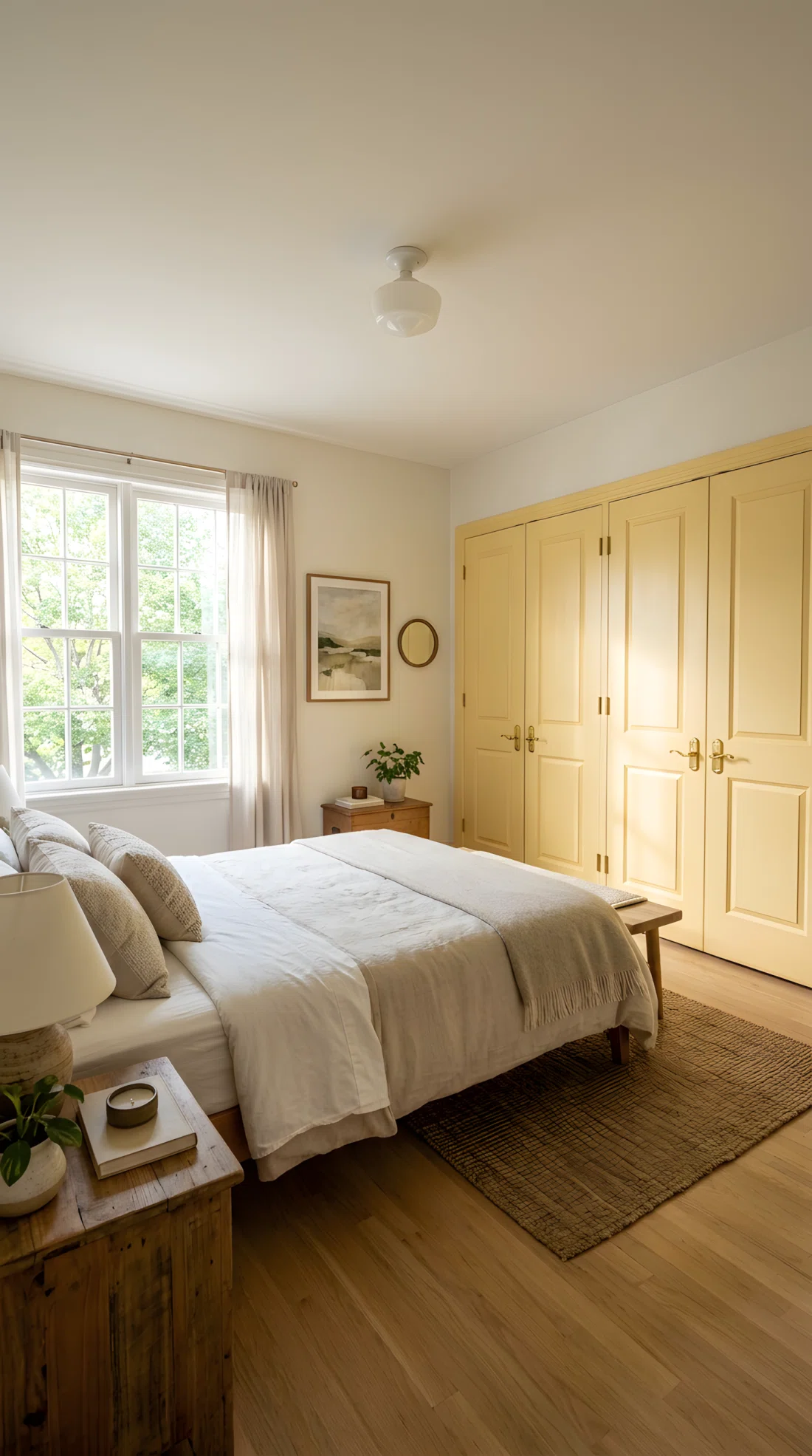 Wide angle photography of a bedroom with butter yellow painted closet doors (RGB 245, 222, 179), brass door handles, neutral walls and bedding, natural light from a window highlighting the door panels, dramatic wide camera angle showing full room and closet, vibrant realistic color, stock photo style.