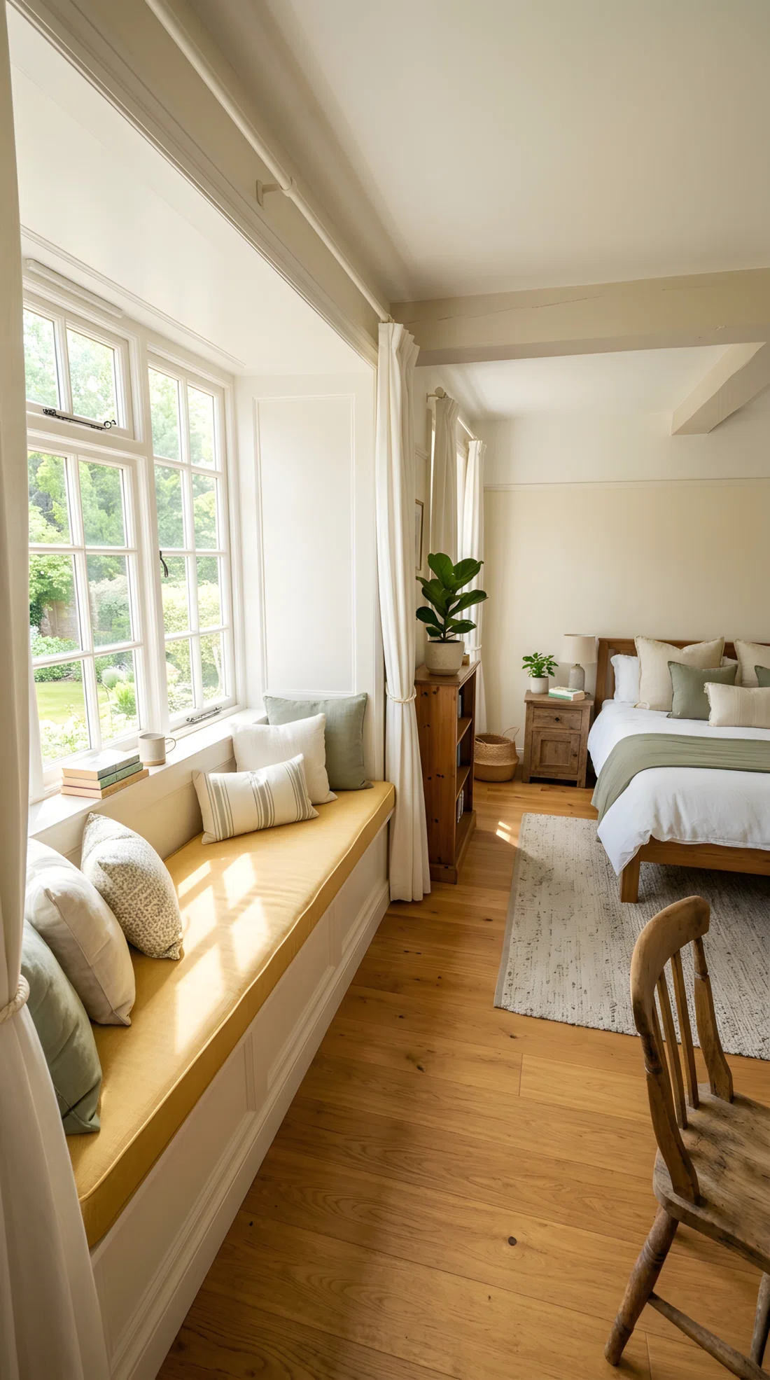Wide angle photography of a bedroom with a built-in window seat upholstered in butter yellow fabric (RGB 245, 222, 179), positioned beneath a large window with morning sunlight pouring directly onto the seat cushions, small ivory and sage cushions, dramatic wide camera angle showing the full nook and room, vibrant realistic color, stock photo style.