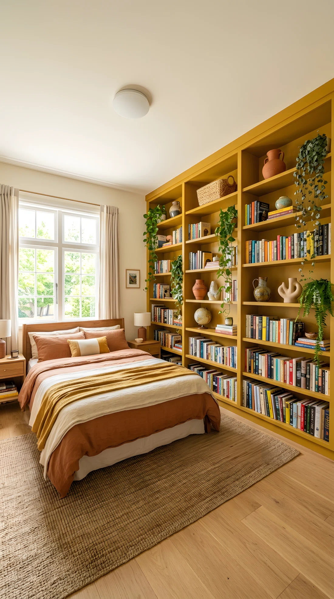 Wide angle photography of a bedroom with a built-in mustard yellow bookshelf (RGB 191, 143, 46) styled with books, ceramic vases, and trailing plants, neutral wall color around it, natural window light illuminating the shelves, dramatic wide camera angle showing full room and shelving, vibrant realistic color, stock photo style.