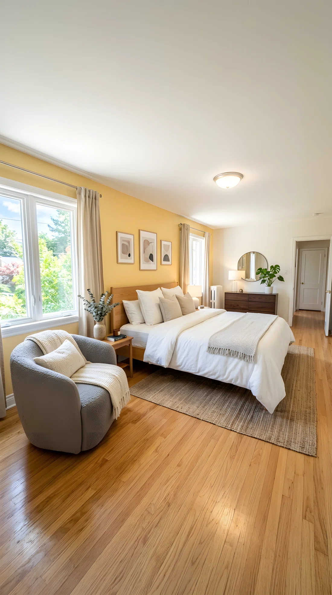 Wide angle photography of a bedroom with a butter yellow wall (RGB 245, 222, 179) and a grey bouclé accent chair (RGB 168, 166, 162) positioned in the corner, white bedding, natural light from a side window, dramatic wide camera angle showing full room depth, vibrant realistic color, stock photo style.