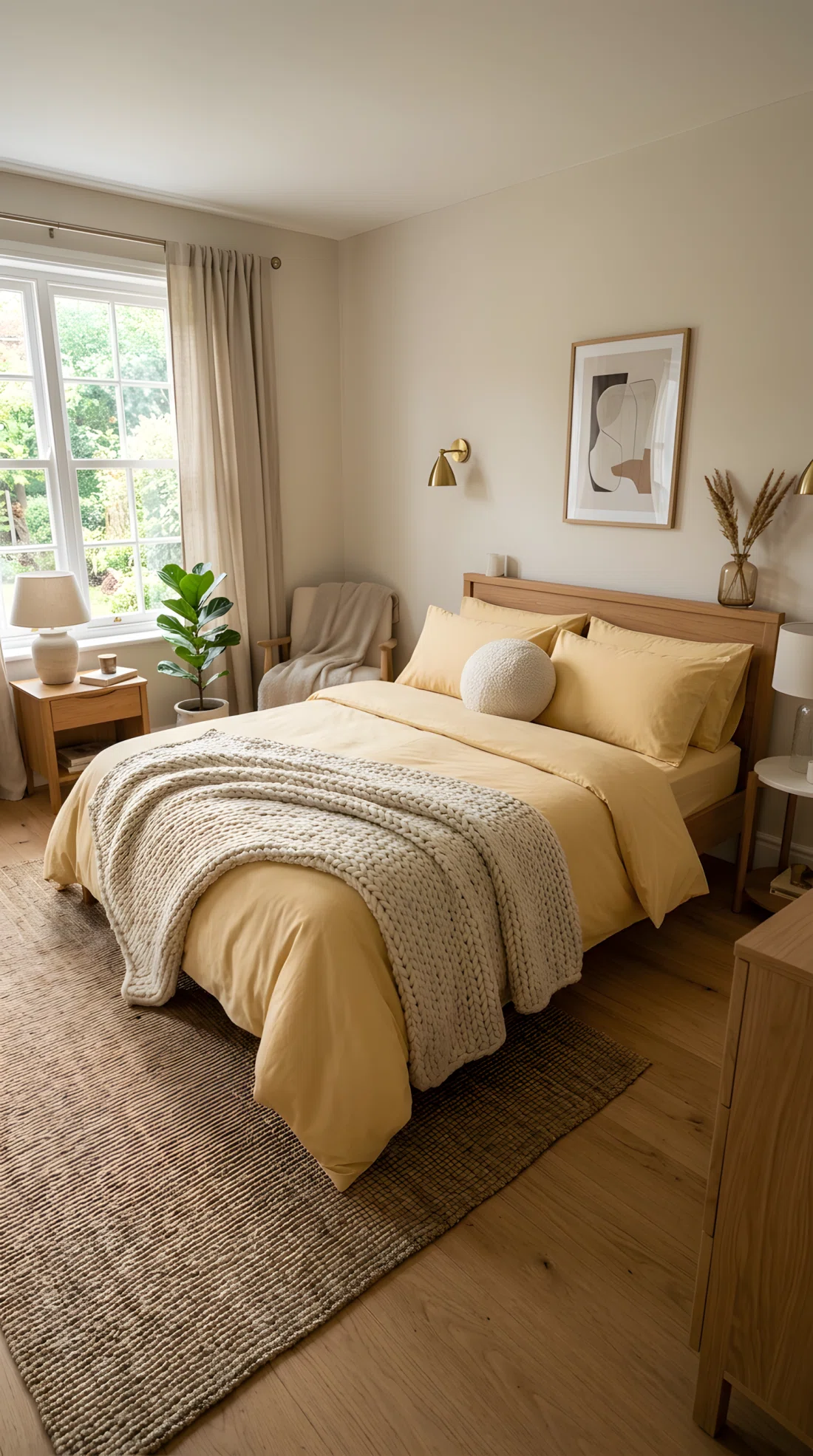 Wide angle photography of a bedroom bed with butter yellow bedding (RGB 245, 222, 179), a chunky cream knit throw and bouclé textured cushion layered on top, soft natural light casting gentle shadows across the textures, dramatic wide camera angle showing the full bed and room, vibrant realistic color, stock photo style.