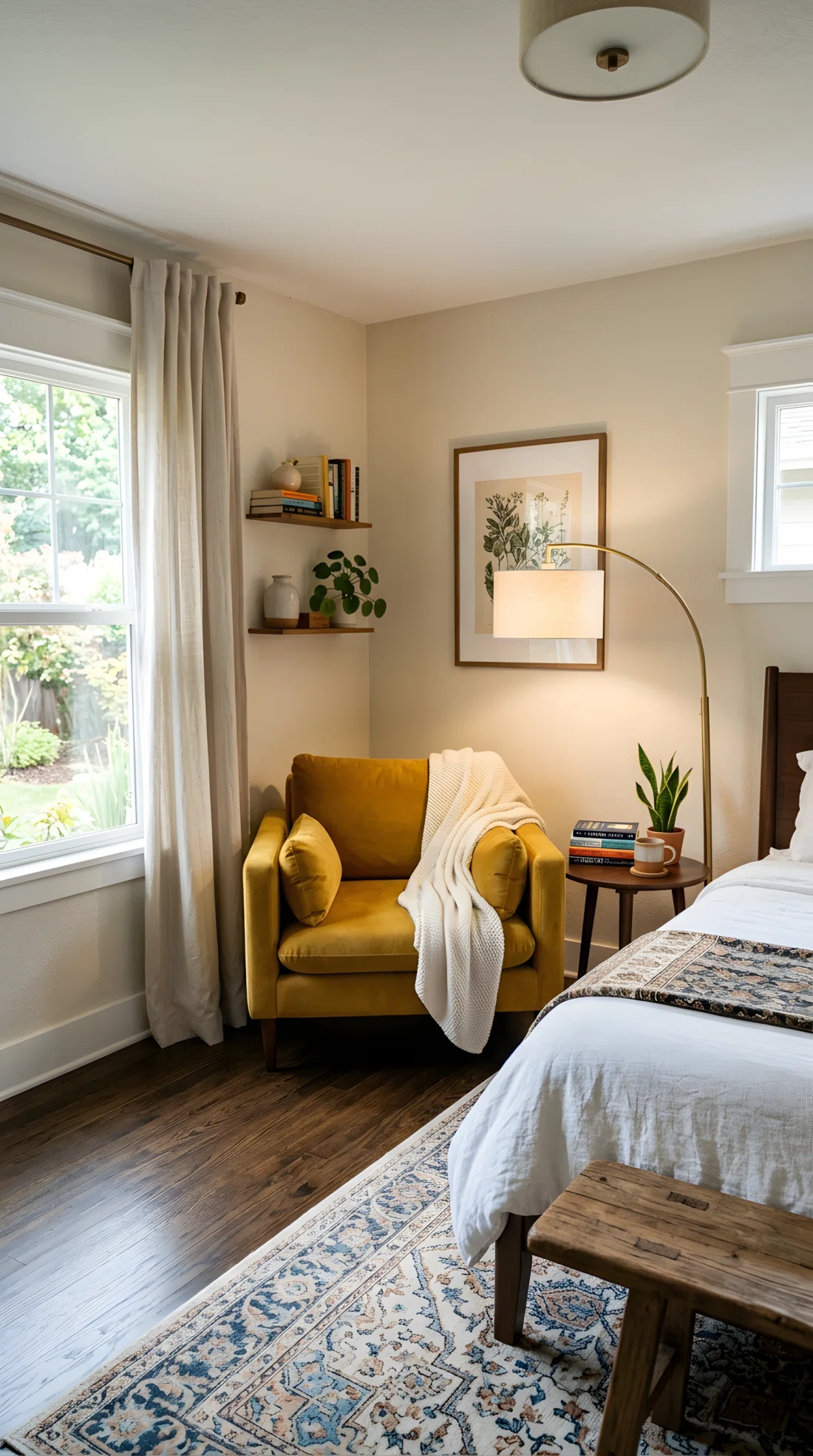 Wide angle photography of a bedroom corner reading nook, mustard yellow velvet armchair (RGB 191, 143, 46), brass floor lamp, neutral cream walls, wooden side table with a stack of books, dramatic wide camera perspective showing the full room, vibrant true-to-life color, stock photo style.