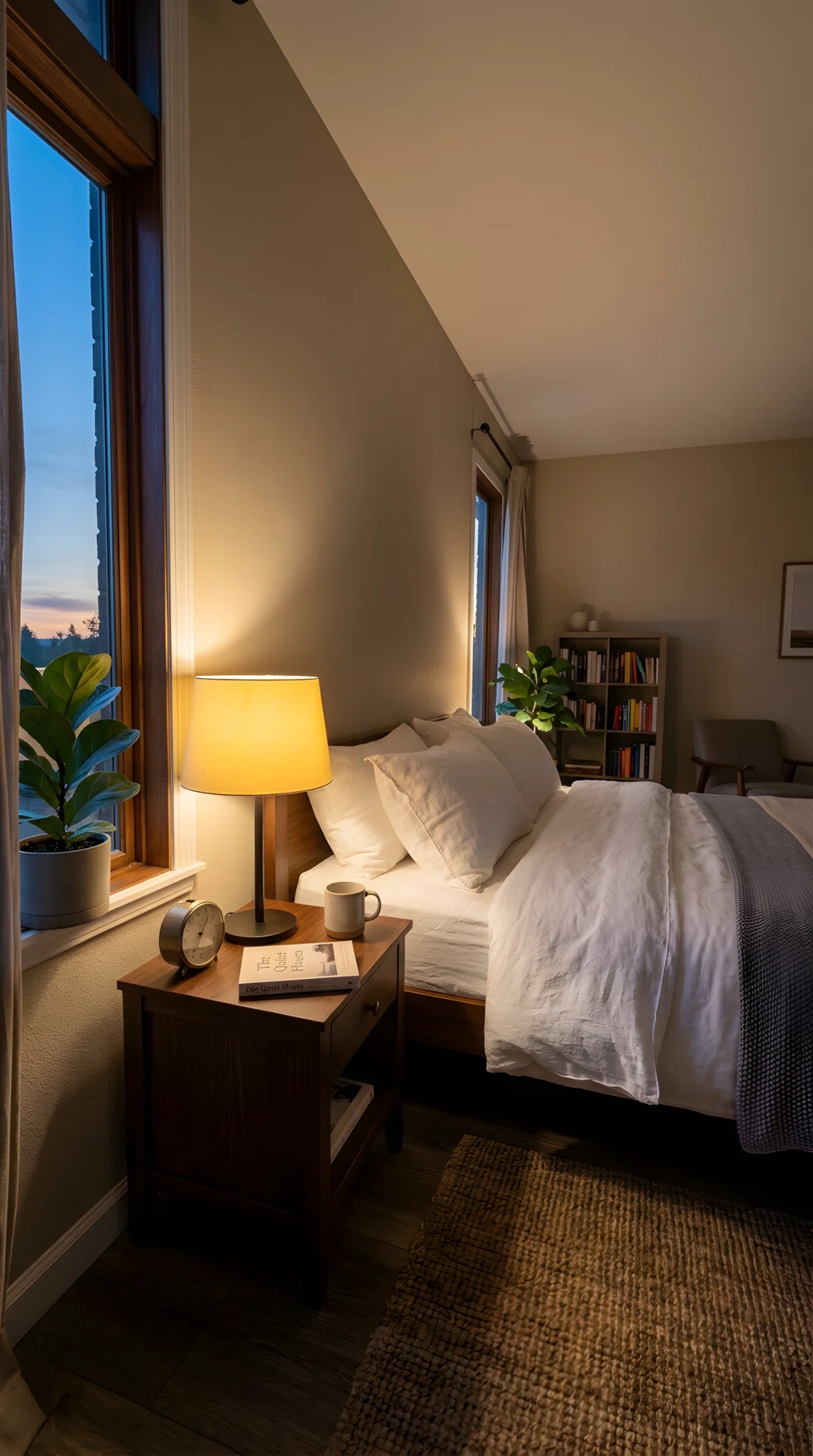 Wide angle photography of a bedroom nightstand with a butter yellow fabric lamp shade (RGB 245, 222, 179) turned on at dusk, warm light glowing against a neutral wall behind it, white bedding nearby, dramatic wide camera angle showing the full room with the lamp as focal light source, vibrant realistic color, stock photo style.