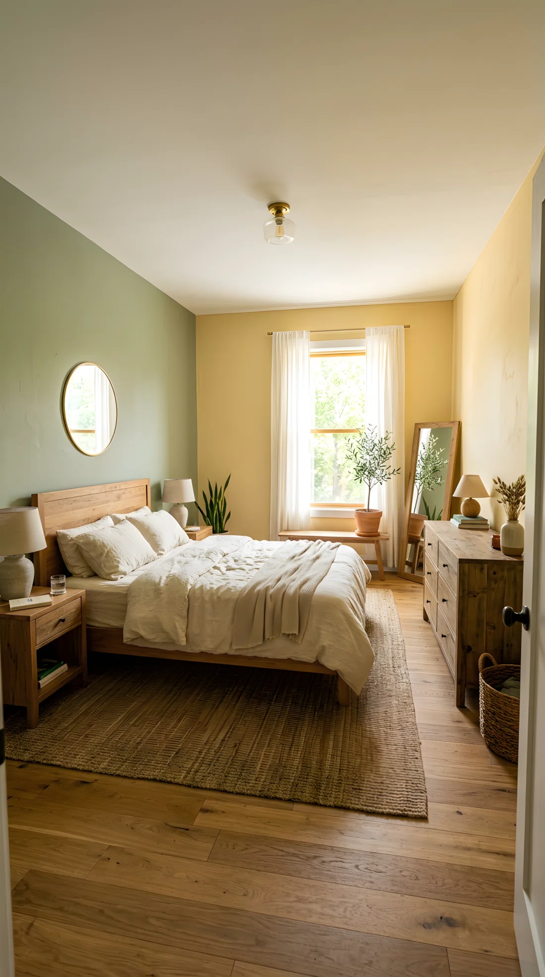 Wide angle photography of a bedroom with sage green wall (RGB 158, 169, 133) on one side and butter yellow wall (RGB 245, 222, 179) on the other, cream linen bedding, wooden furniture, dramatic wide camera angle showing full room depth, vibrant natural color, stock photo style, no painting or sketch.
