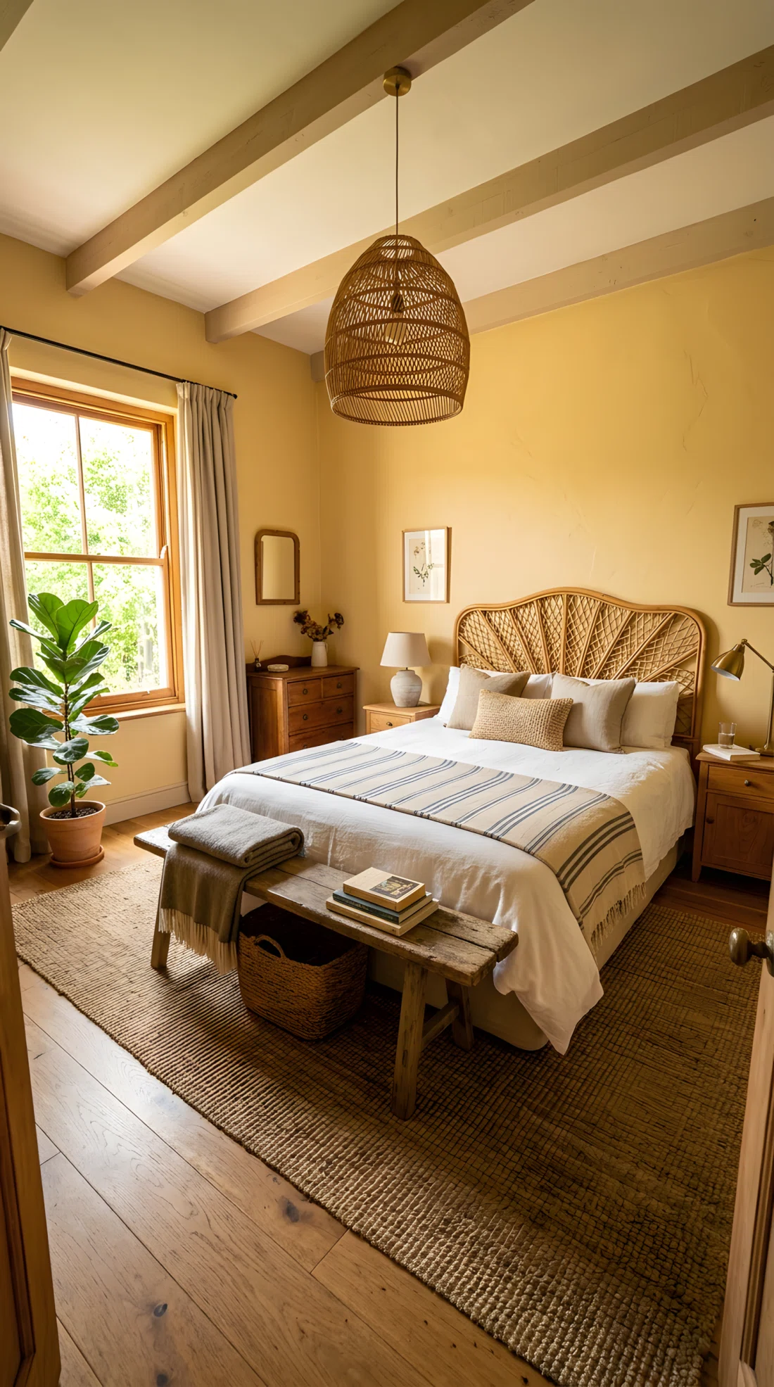 Wide angle photography of a bedroom with butter yellow wall (RGB 245, 222, 179), rattan headboard, woven pendant light, jute rug, wooden bench at the foot of the bed, dramatic camera angle capturing full room texture and depth, vibrant realistic color, stock photo style.