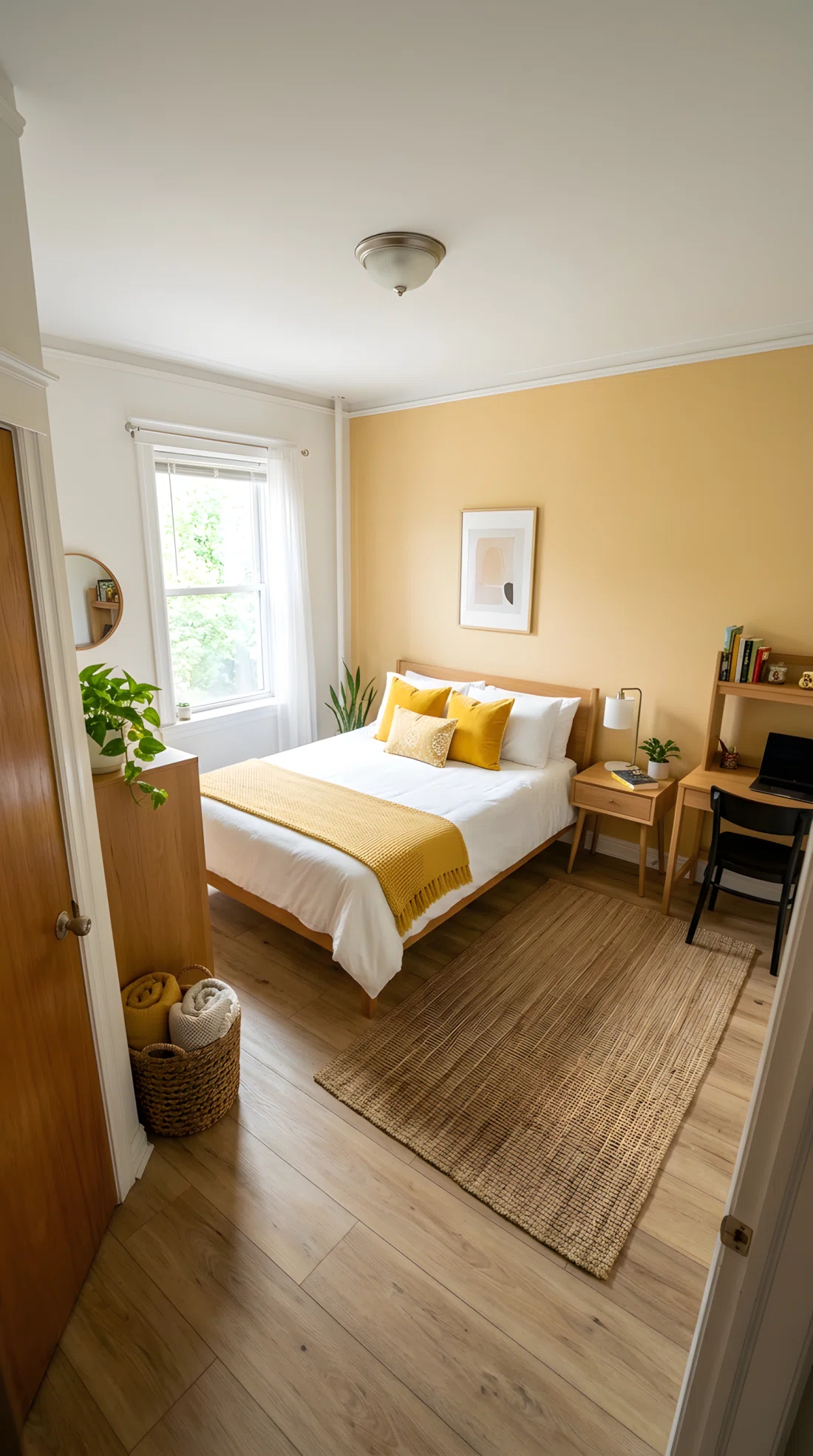 Wide angle photography of a rental bedroom with butter yellow peel-and-stick wallpaper (RGB 245, 222, 179) behind the headboard, white bedding, yellow throw pillows, simple furniture, dramatic wide camera angle showing the full room, vibrant realistic color, stock photo style.