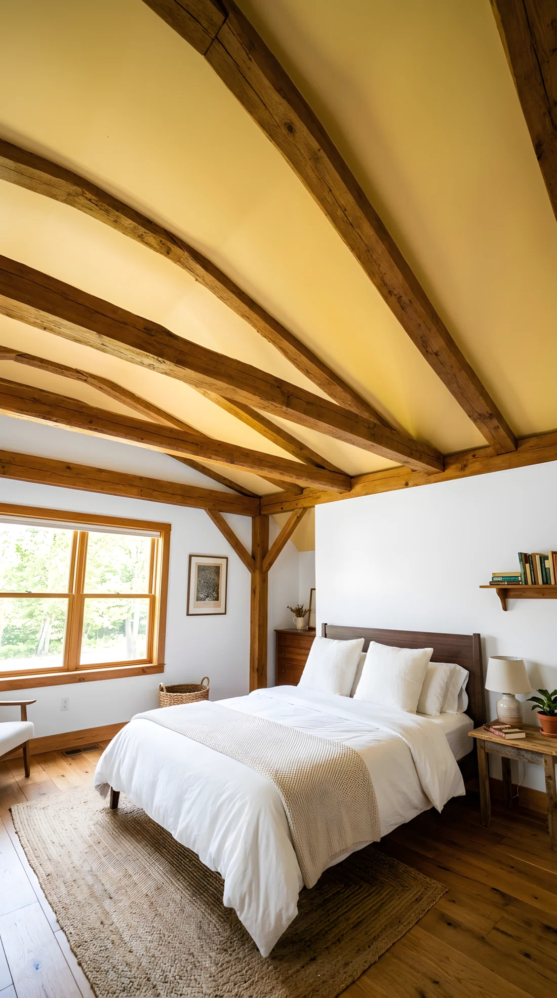 Wide angle photography of a bedroom with a butter yellow painted ceiling (RGB 245, 222, 179), white walls, exposed wooden beams, white bedding, natural light entering from a side window highlighting the ceiling color, dramatic upward camera angle showing full room and ceiling, vibrant realistic color, stock photo style.