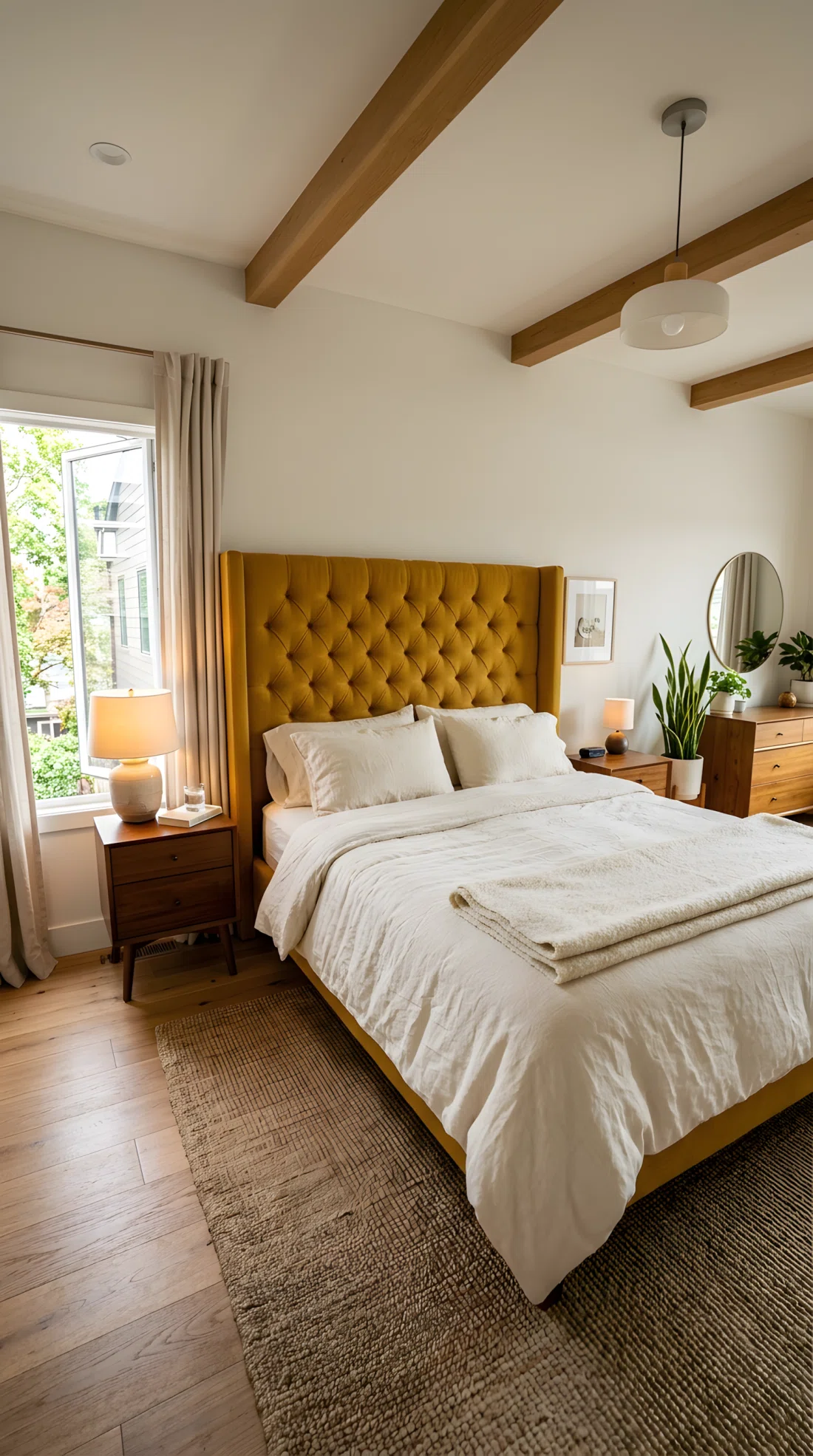Wide angle photography of a bedroom with a tall mustard yellow upholstered headboard (RGB 191, 143, 46), ivory linen bedding, cream wool throw folded at the foot of the bed, neutral walls, dramatic wide camera angle showing the full bed and room, vibrant realistic color, stock photo style.