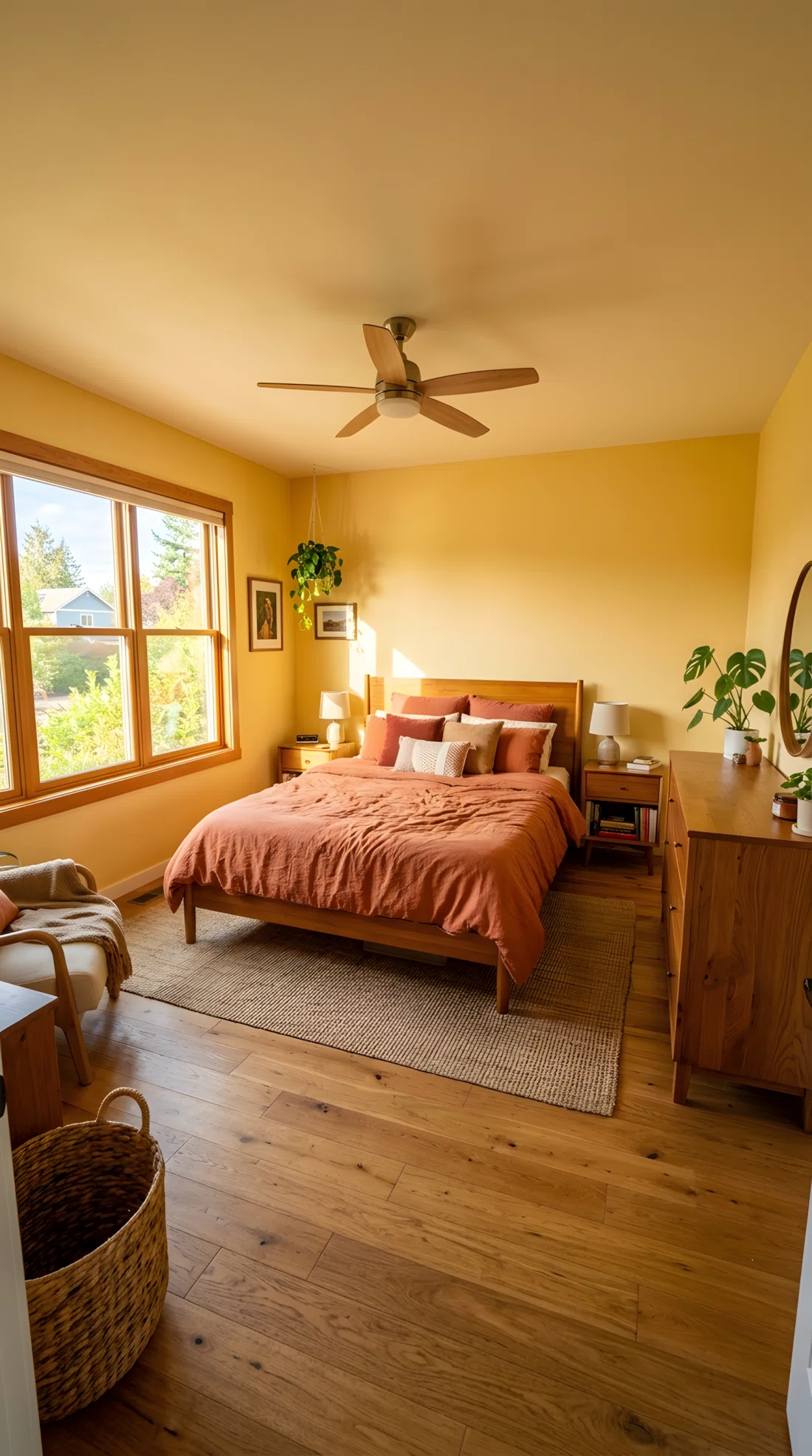 Wide angle photography of a bedroom with butter yellow wall (RGB 245, 222, 179) and terracotta bedding and cushions (RGB 199, 110, 71), wooden furniture, warm afternoon light through a window, dramatic wide camera angle capturing full room depth, vibrant realistic color, stock photo style.