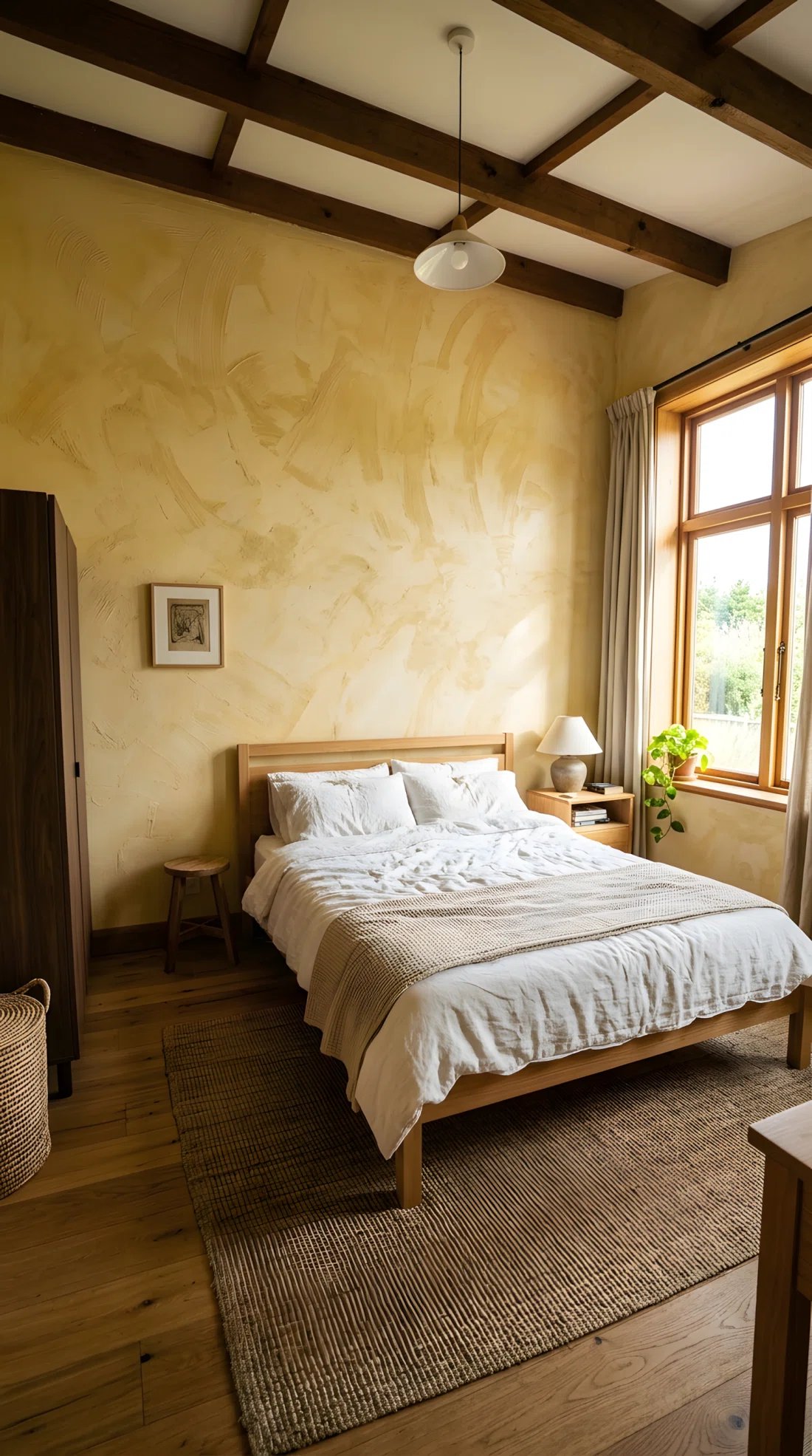 Wide angle photography of a bedroom with a textured limewash butter yellow wall (RGB 240, 217, 170) showing visible brush movement, simple wooden bed frame, white linen bedding, soft directional light emphasizing wall texture, dramatic wide camera angle showing the full room, vibrant realistic color, stock photo style.
