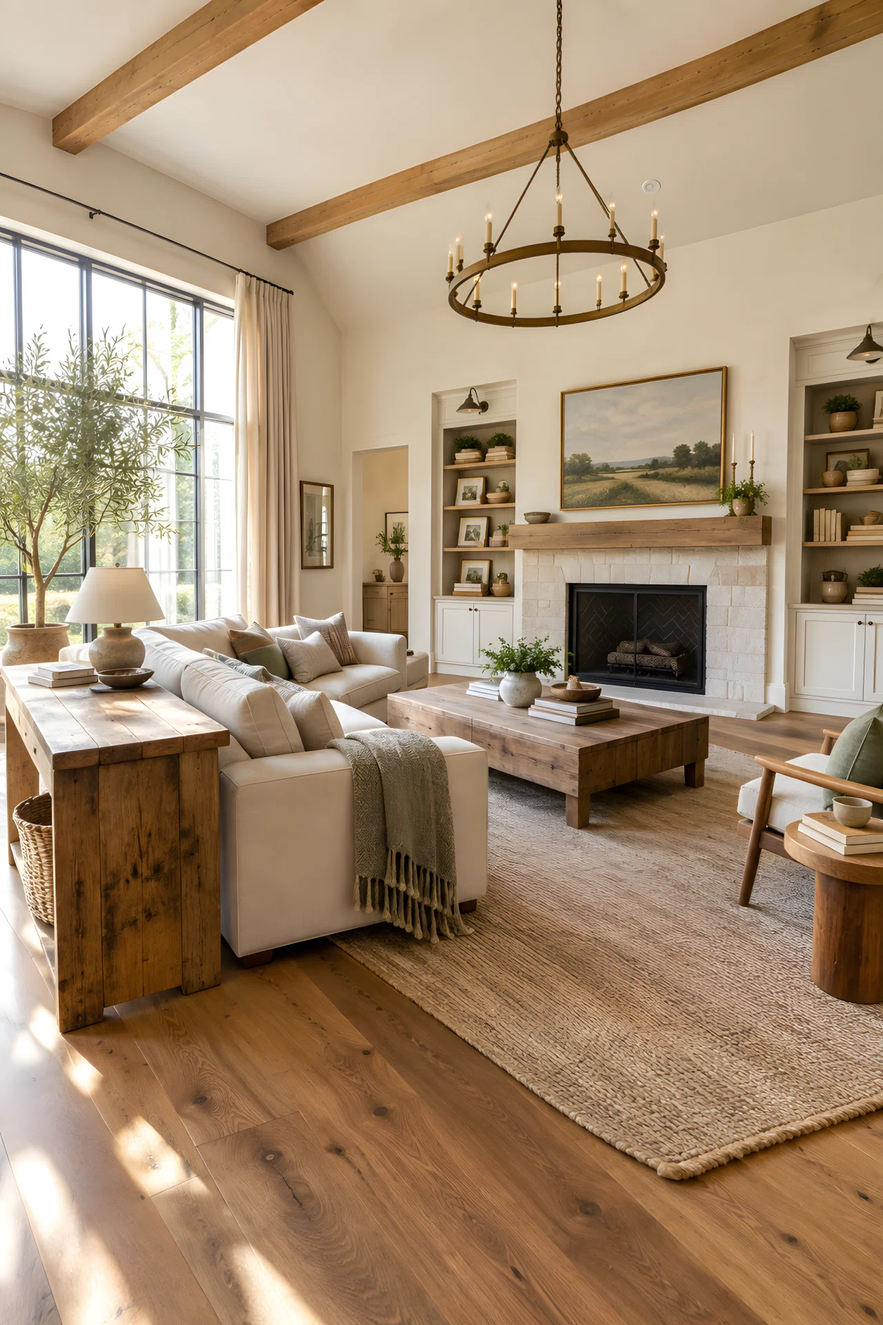 Wide-angle real-life photo of a farmhouse living room. Streamlined low-profile linen sofa in oatmeal color beside a reclaimed wood console table with visible wood grain. Bright natural window light from the left side. Vibrant green potted plant in the corner. Folded wool throw on the sofa arm. Wide camera angle capturing the full room, dramatic perspective, no people, photographic stock-photo style, not a 3D render.