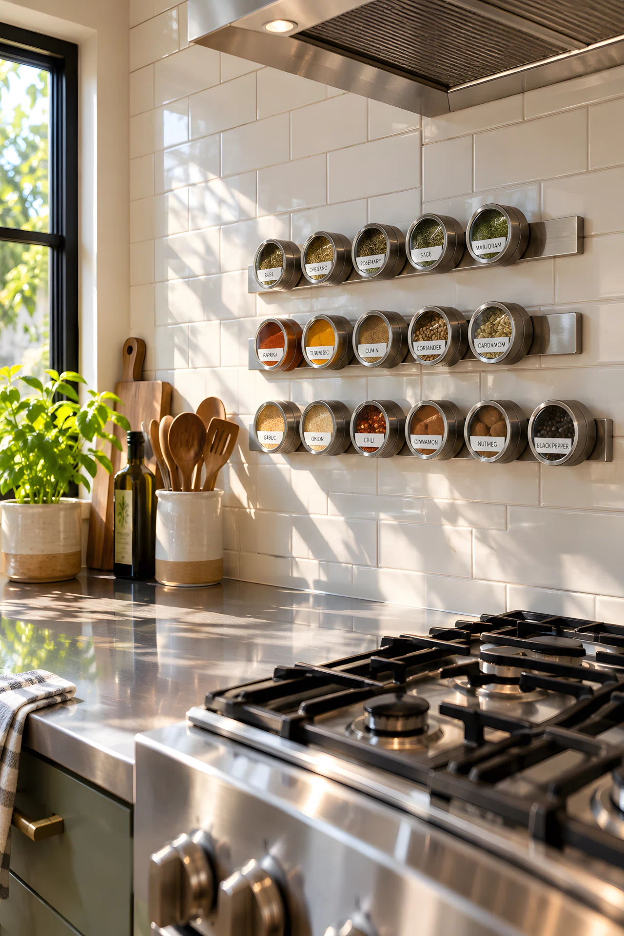 Wide-angle real-life photograph of a kitchen wall beside a gas stove, a magnetic stainless steel strip mounted at eye level holding a row of small labeled spice tins in neat, organized rows, tins slightly varied in fill level for authenticity, warm morning sunlight entering from a nearby window casting soft shadows across a clean white tile backsplash, vibrant color pops from red paprika and golden turmeric visible through the tins, stainless steel stove and countertop in soft focus in the foreground, no people in frame, shot in stock-photography style with a dramatic wide room-encompassing angle, clean and tidy overall styling.