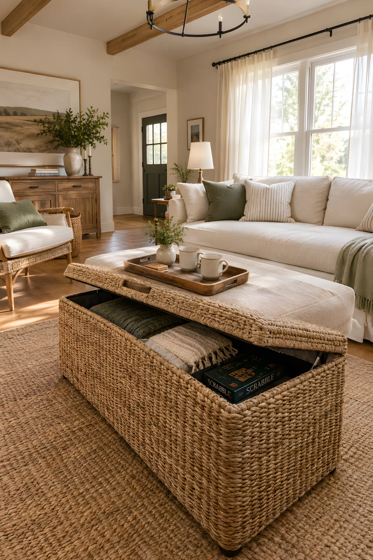 Wide-angle real-life photo of a small farmhouse living room. Neutral woven ottoman with an open hinged lid, folded blankets and a board game visible inside, wooden tray with two ceramic mugs on top. Cream linen sofa behind. Natural daylight through sheer curtains. Vibrant sage green throw pillow accent. Full room wide shot, dramatic camera angle, no people, photographic realistic style, not illustration.